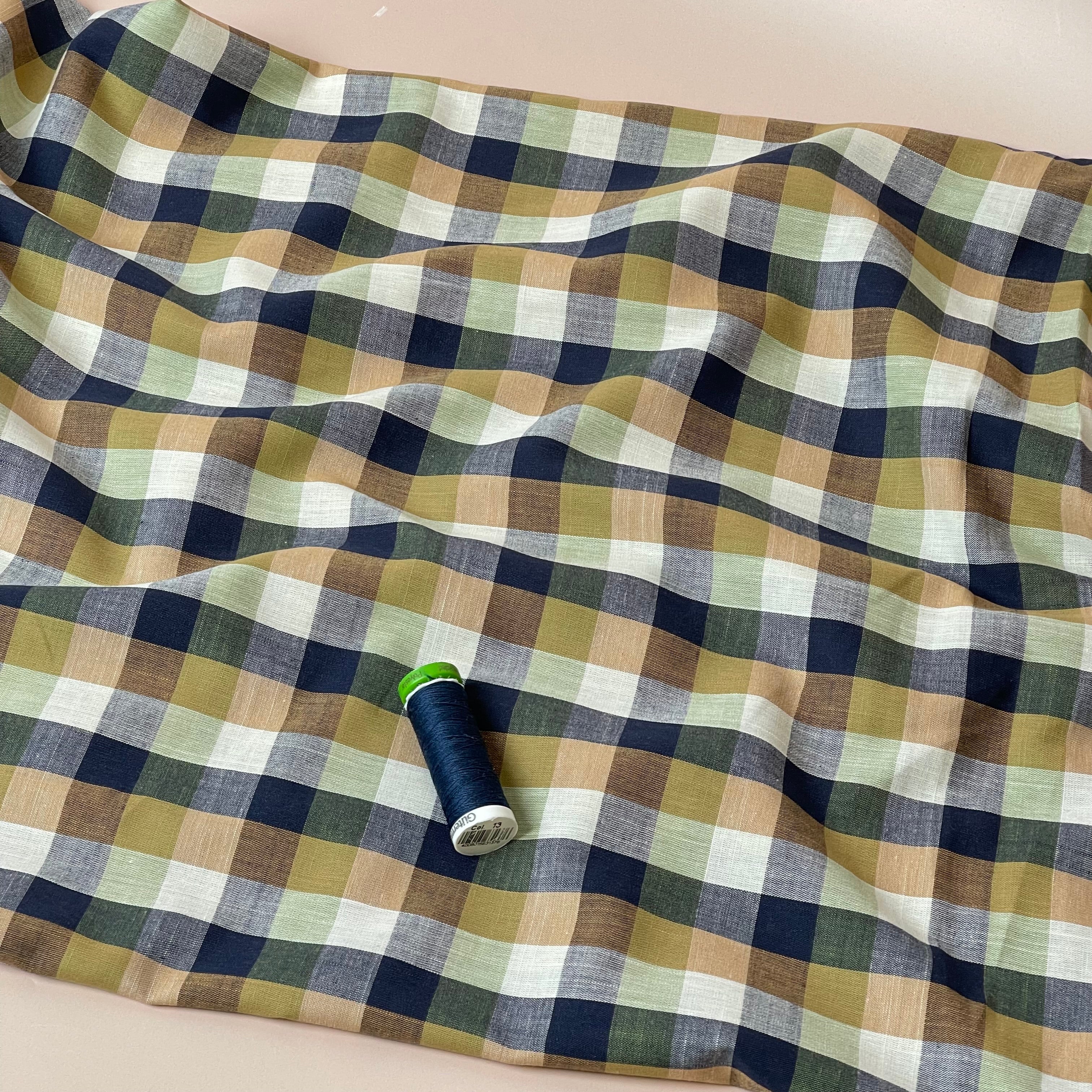 Yarn Dyed Navy and Beige Checks Cotton Fabric