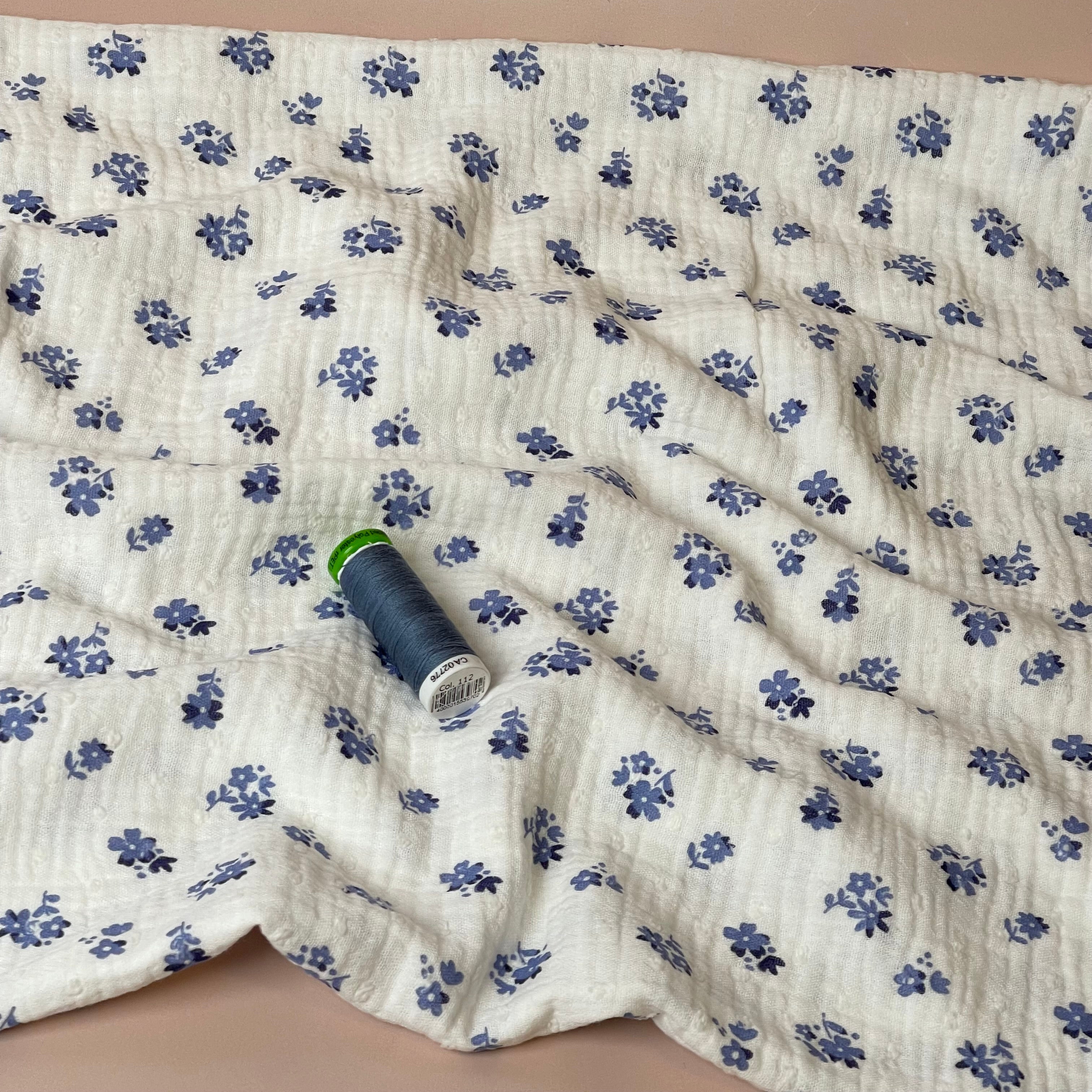Blue Ditsy Floral Dobby Cotton Double Gauze Fabric