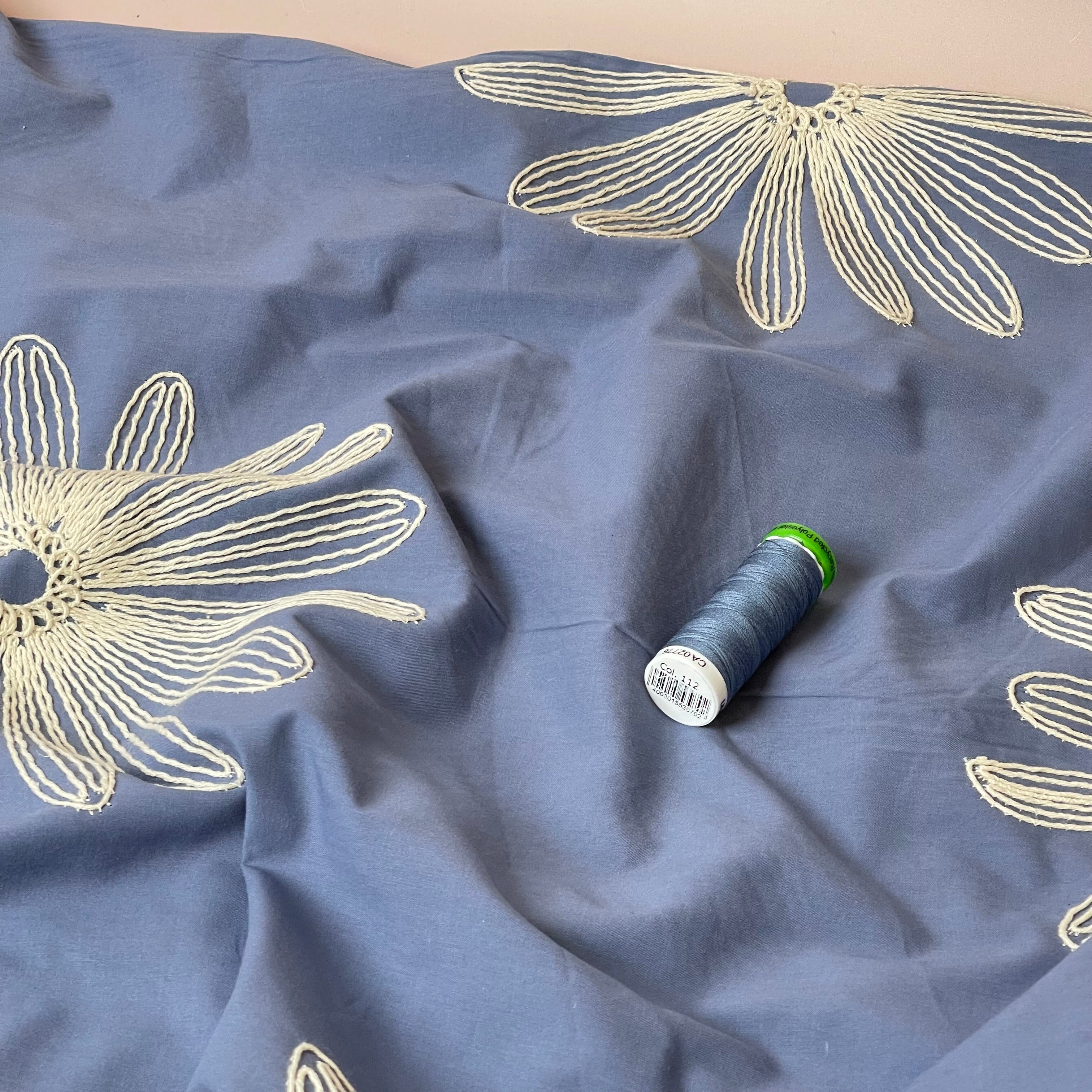 Embroidered Daisies on Blue Cotton Fabric