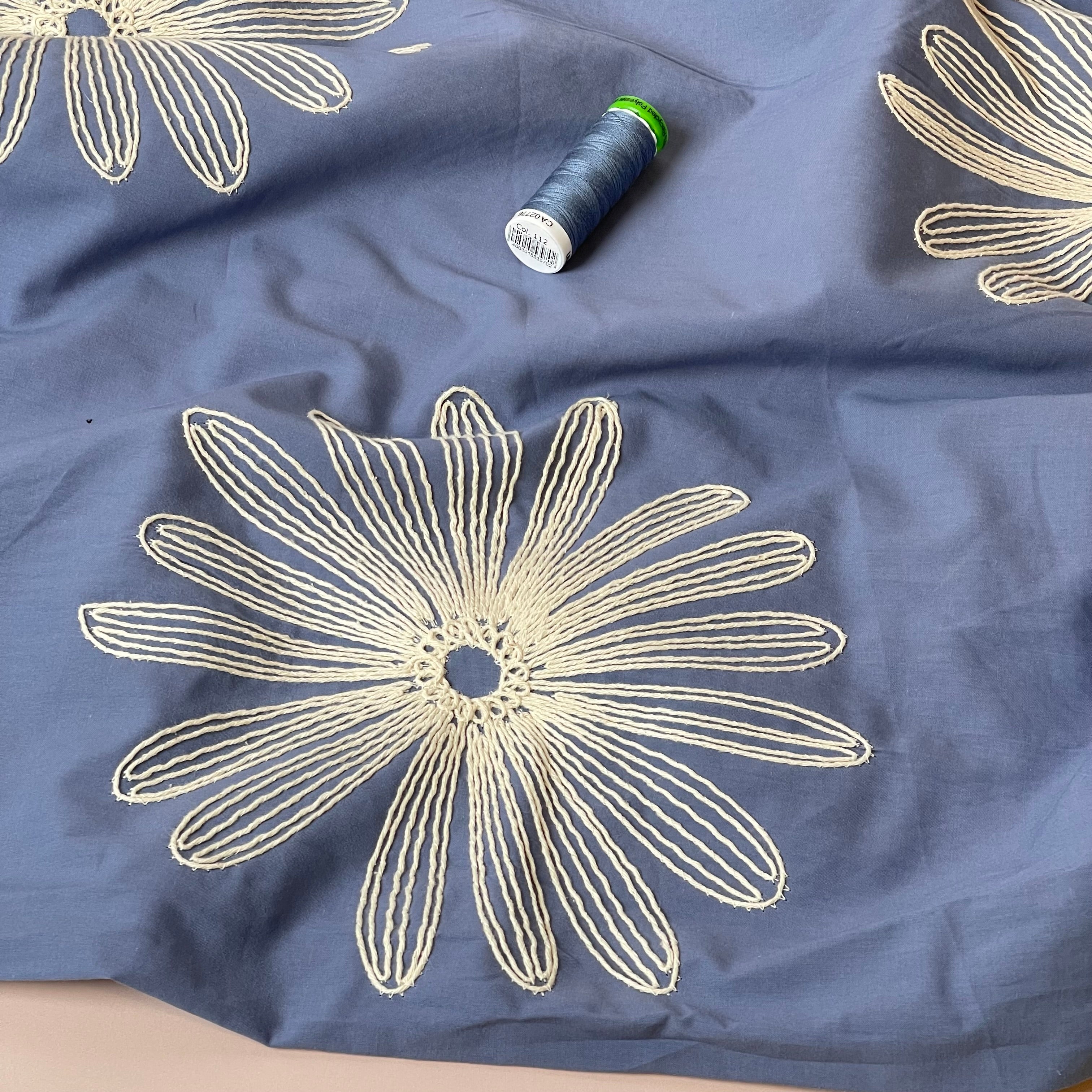 Embroidered Daisies on Blue Cotton Fabric