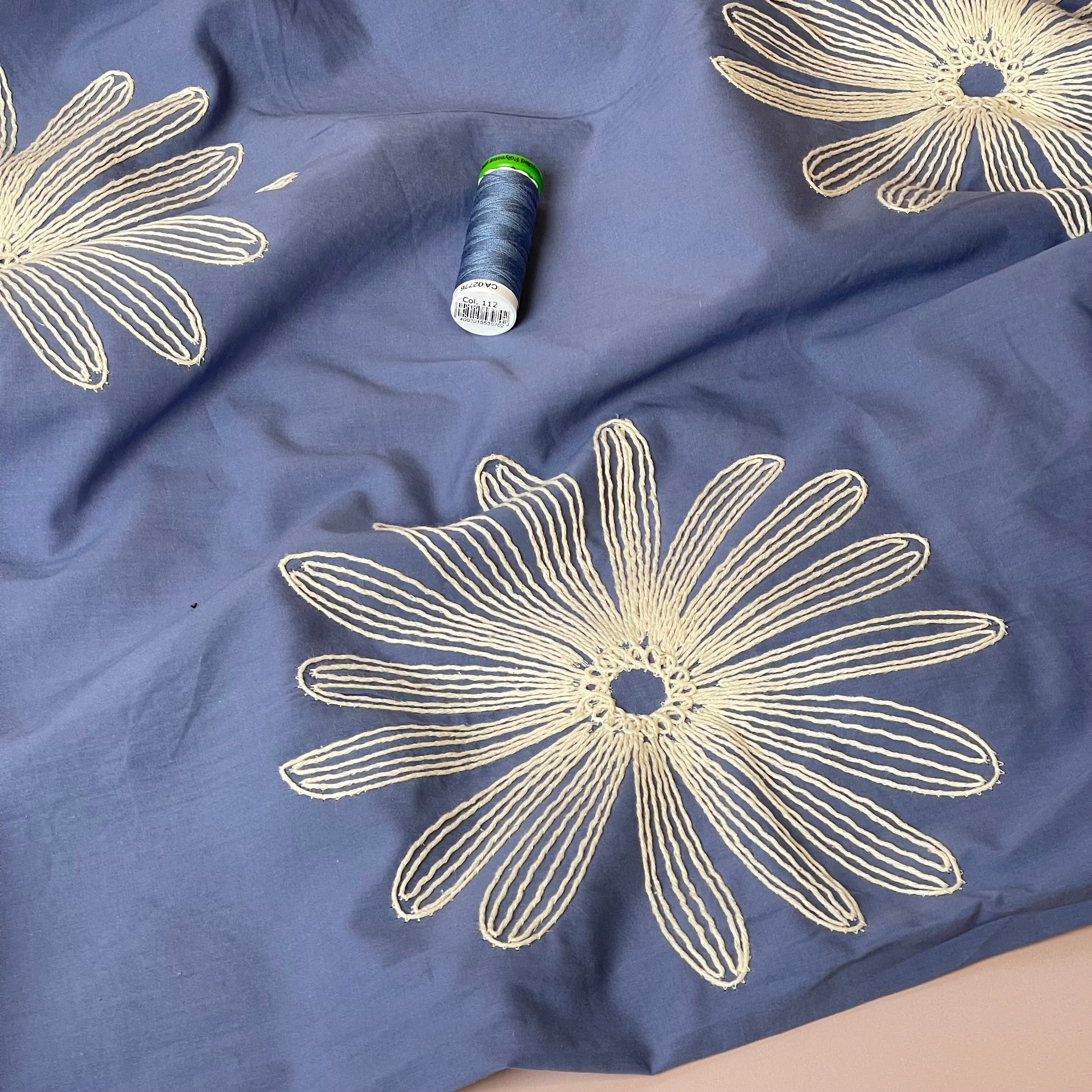Embroidered Daisies on Blue Cotton Fabric