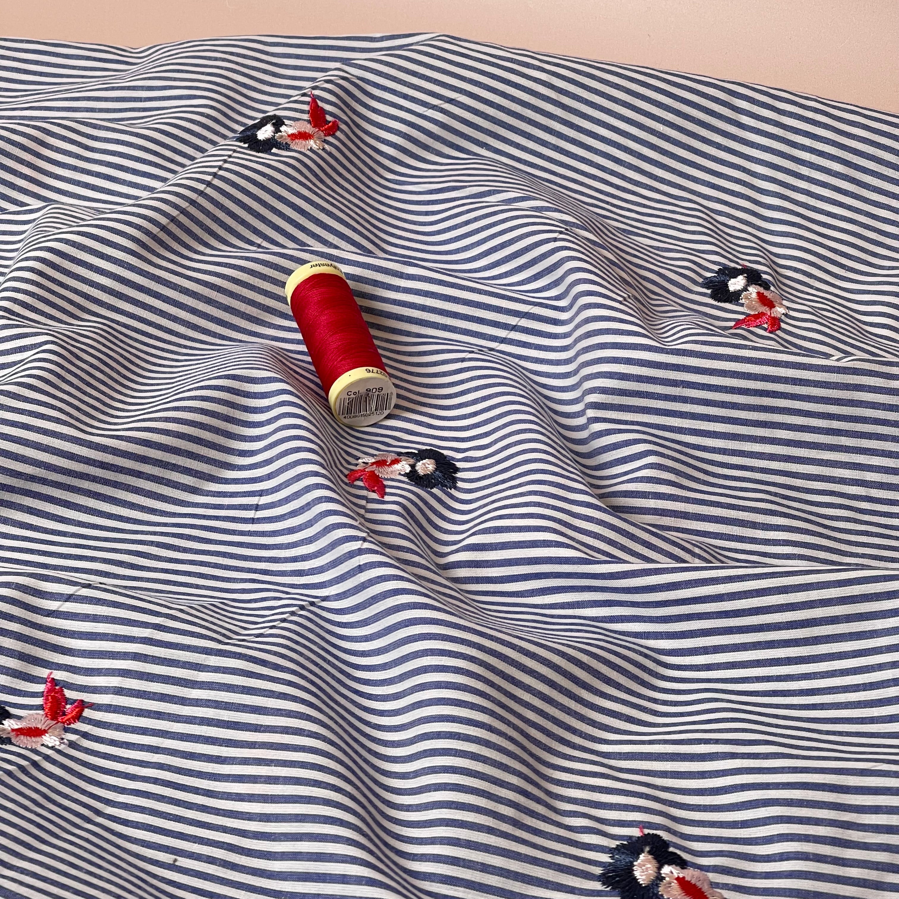 Embroidered Flowers on Blue Stripe Cotton Fabric