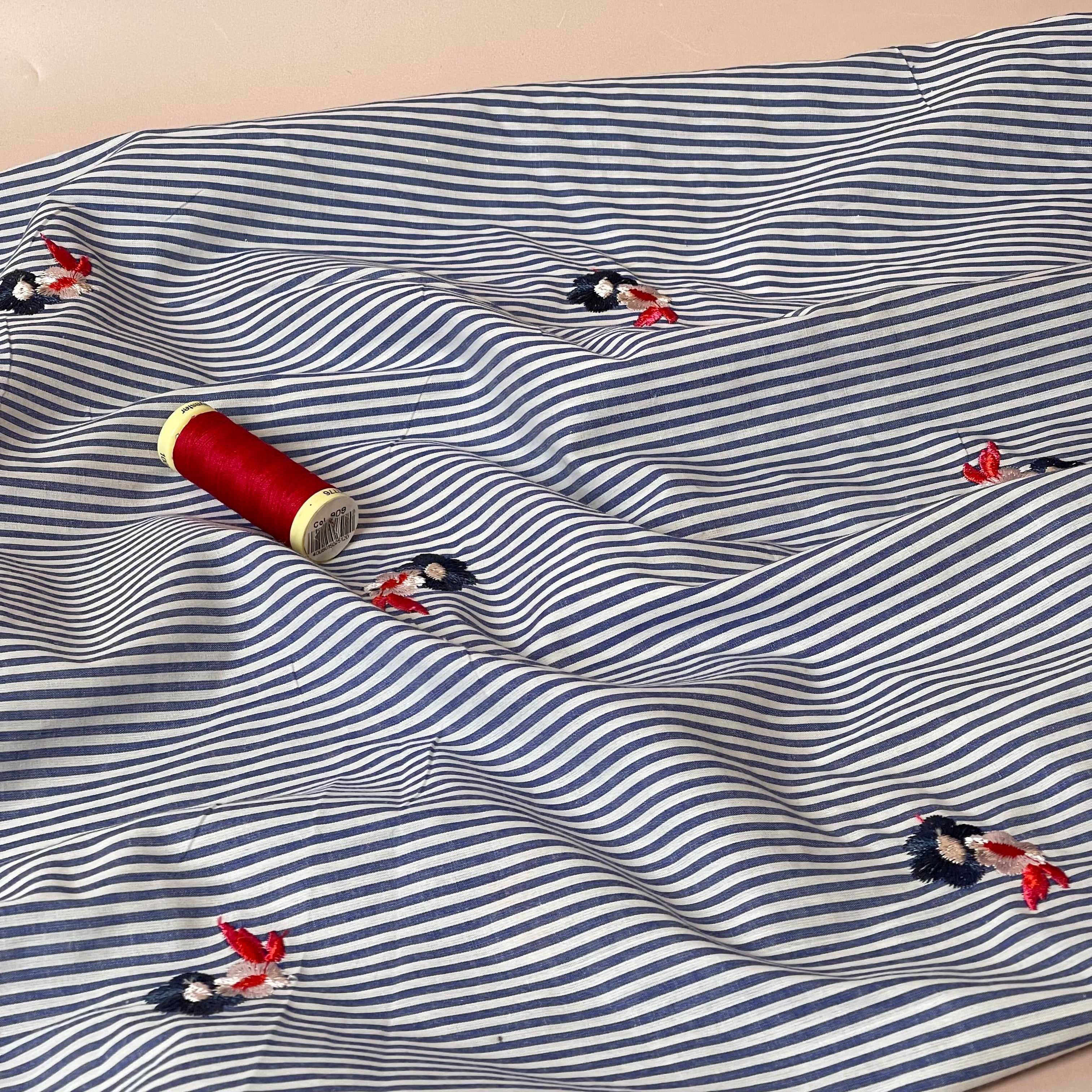 Embroidered Flowers on Blue Stripe Cotton Fabric