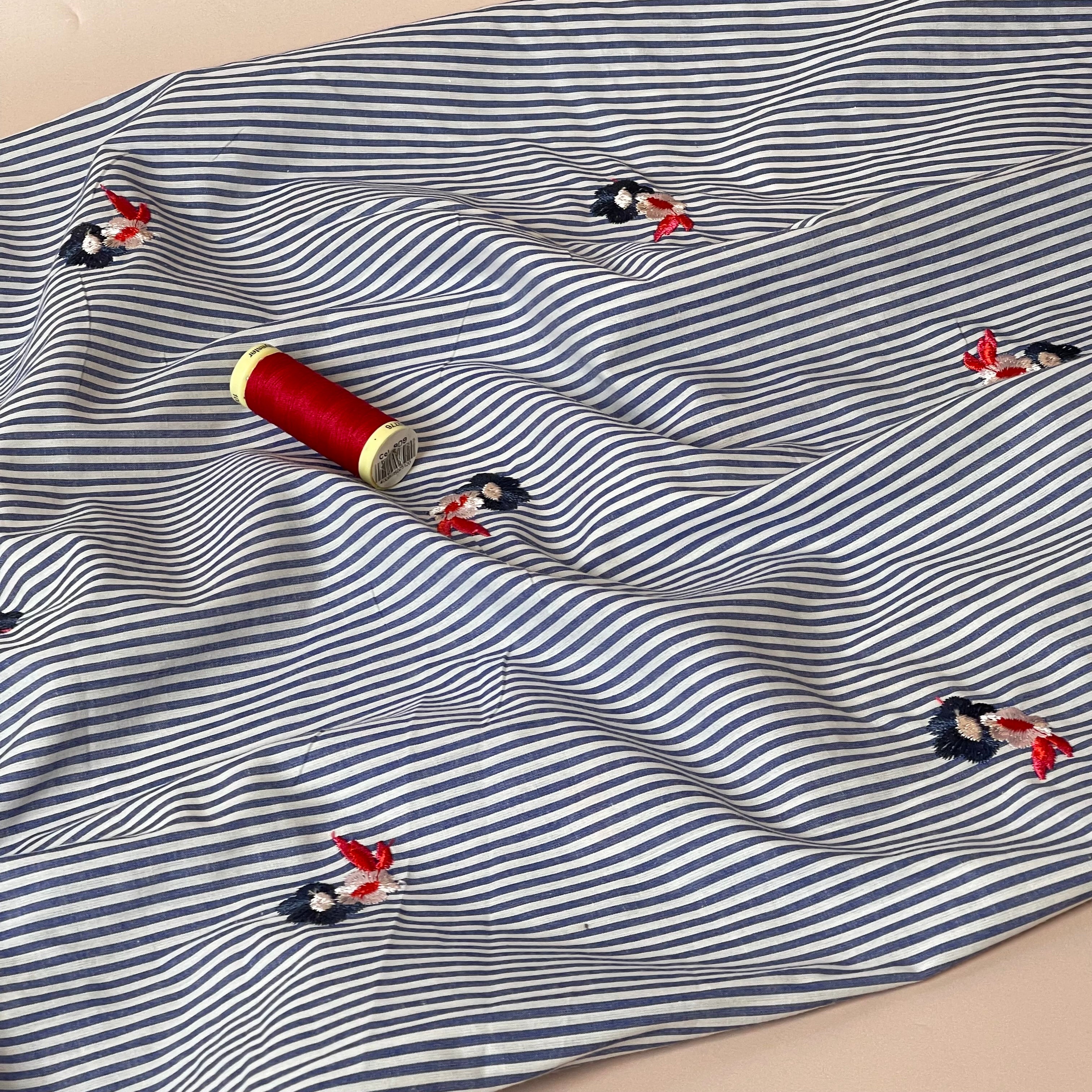 Embroidered Flowers on Blue Stripe Cotton Fabric