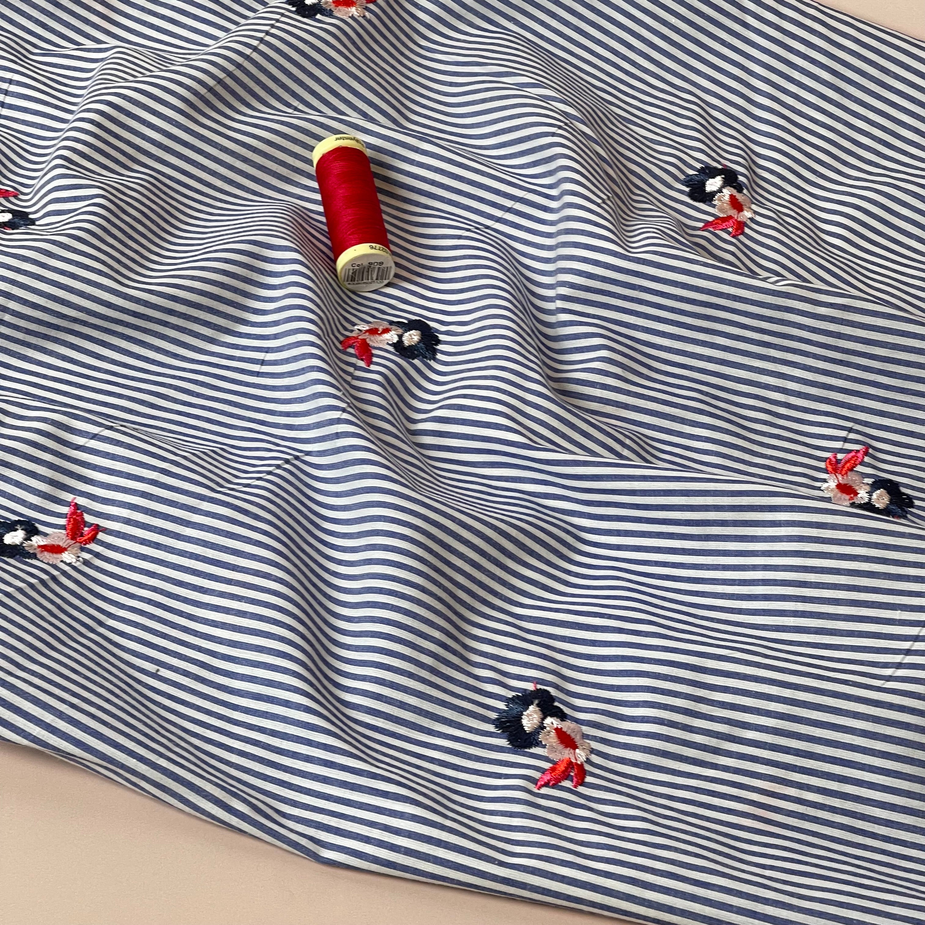 Embroidered Flowers on Blue Stripe Cotton Fabric