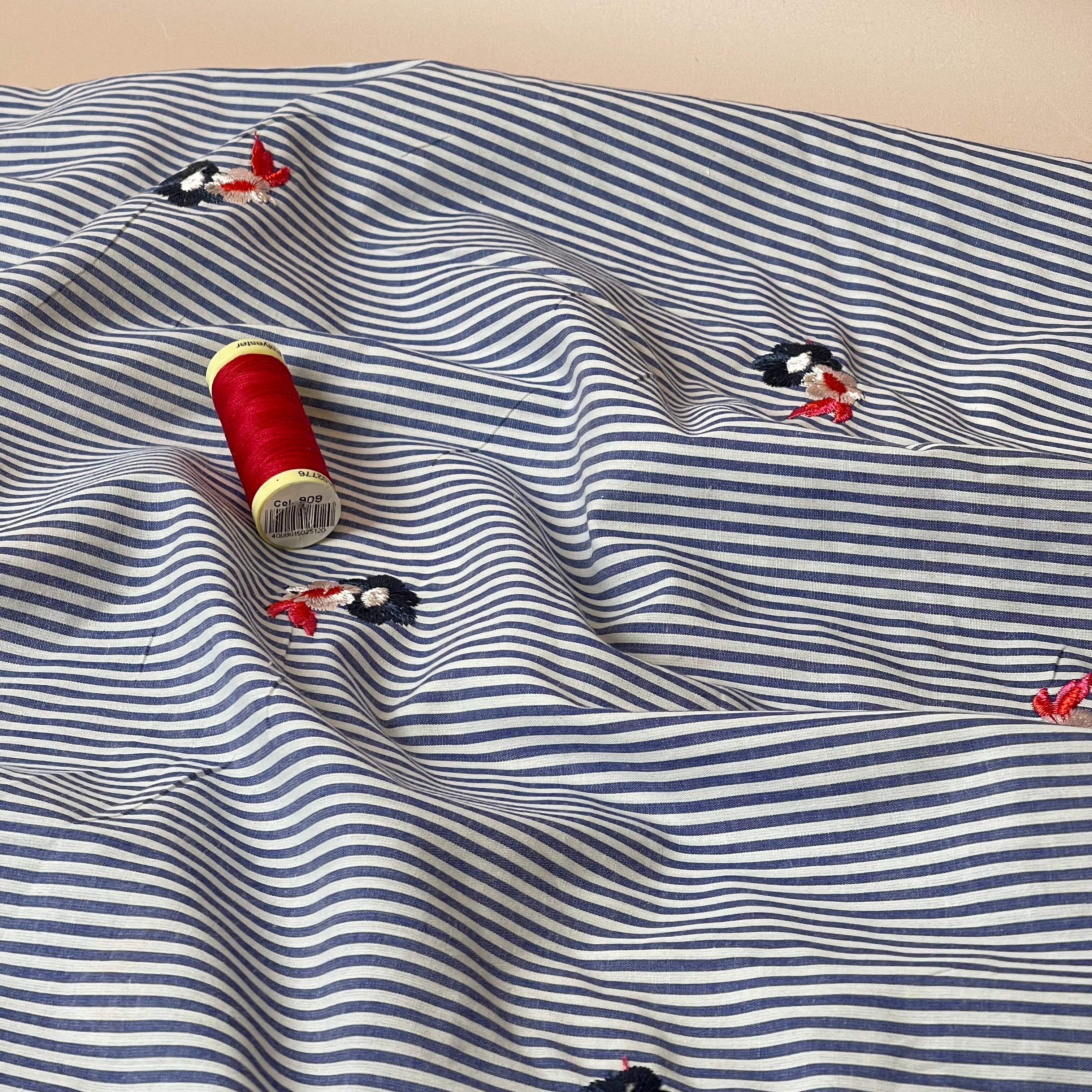 Embroidered Flowers on Blue Stripe Cotton Fabric