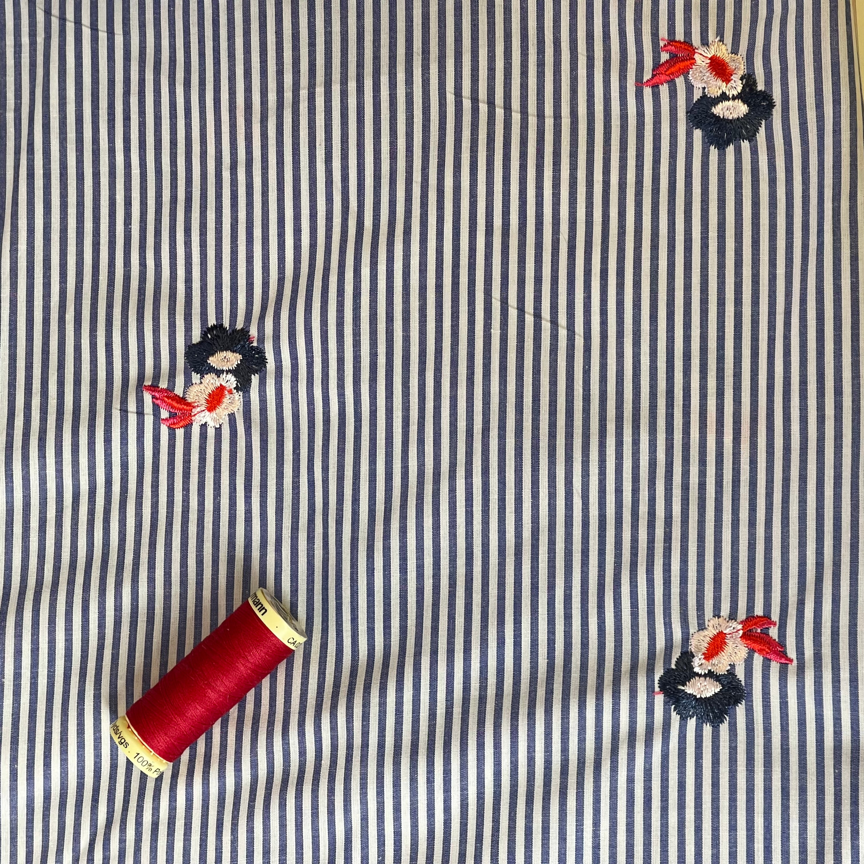 Embroidered Flowers on Blue Stripe Cotton Fabric