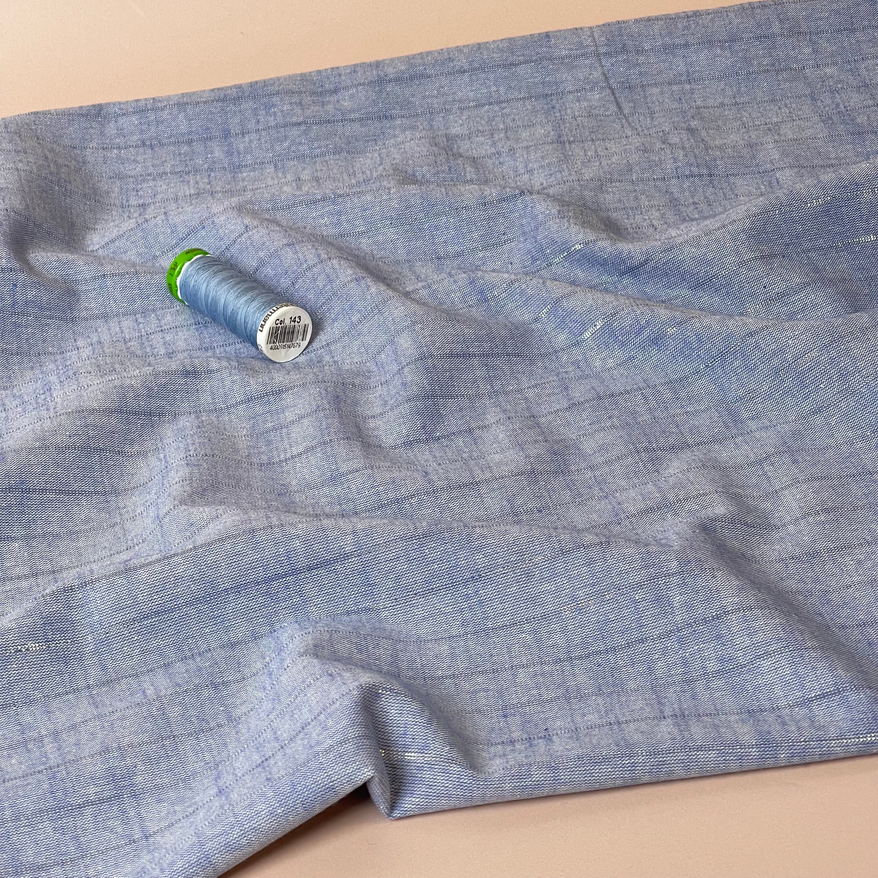 Blue Yarn Dyed Cotton Fabric with Lurex Stripes