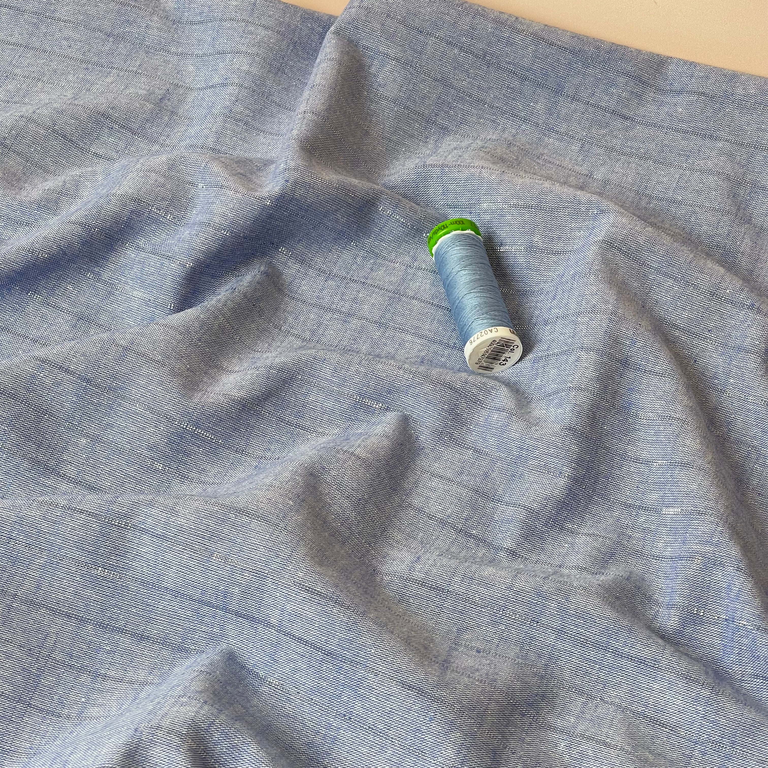 Blue Yarn Dyed Cotton Fabric with Lurex Stripes