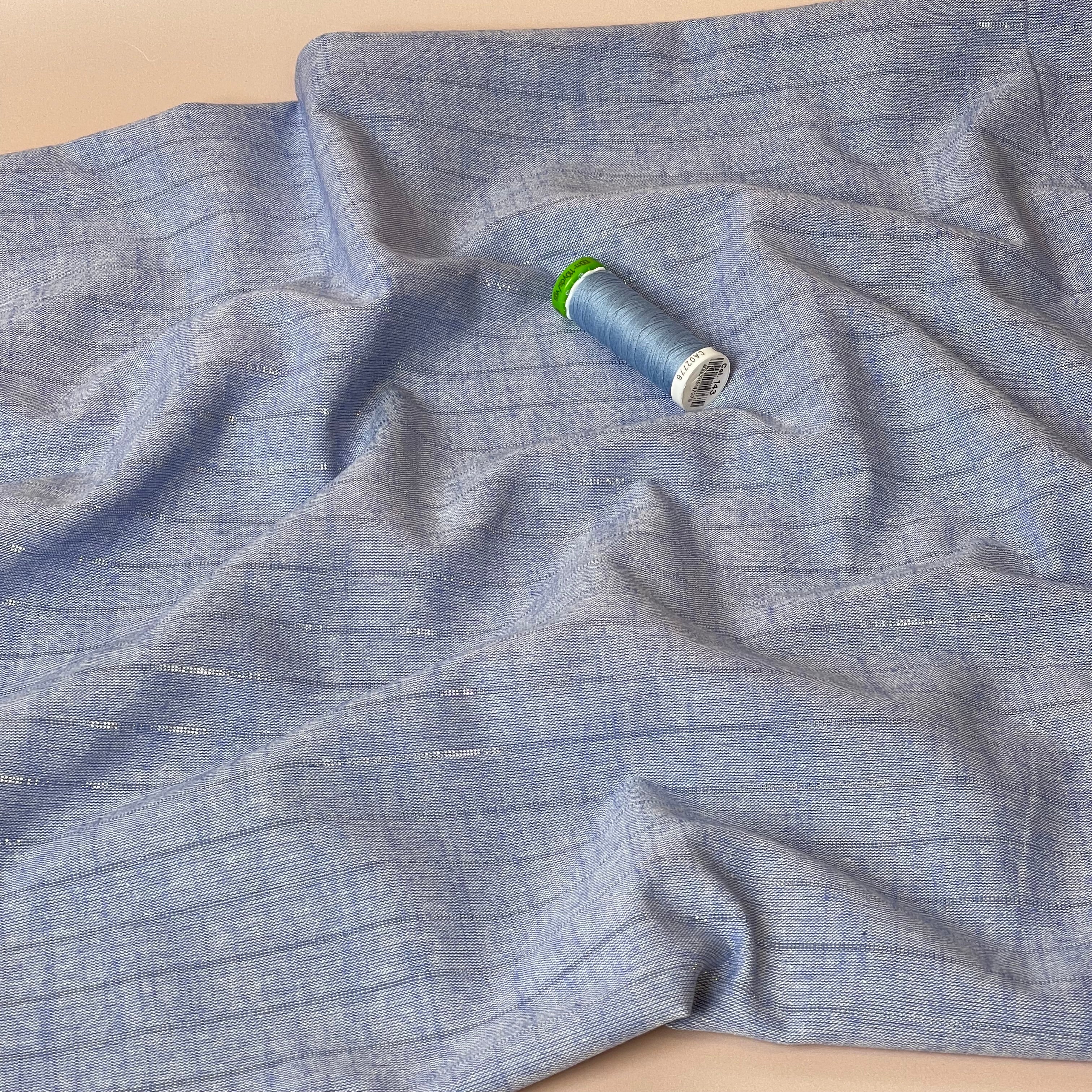 Blue Yarn Dyed Cotton Fabric with Lurex Stripes