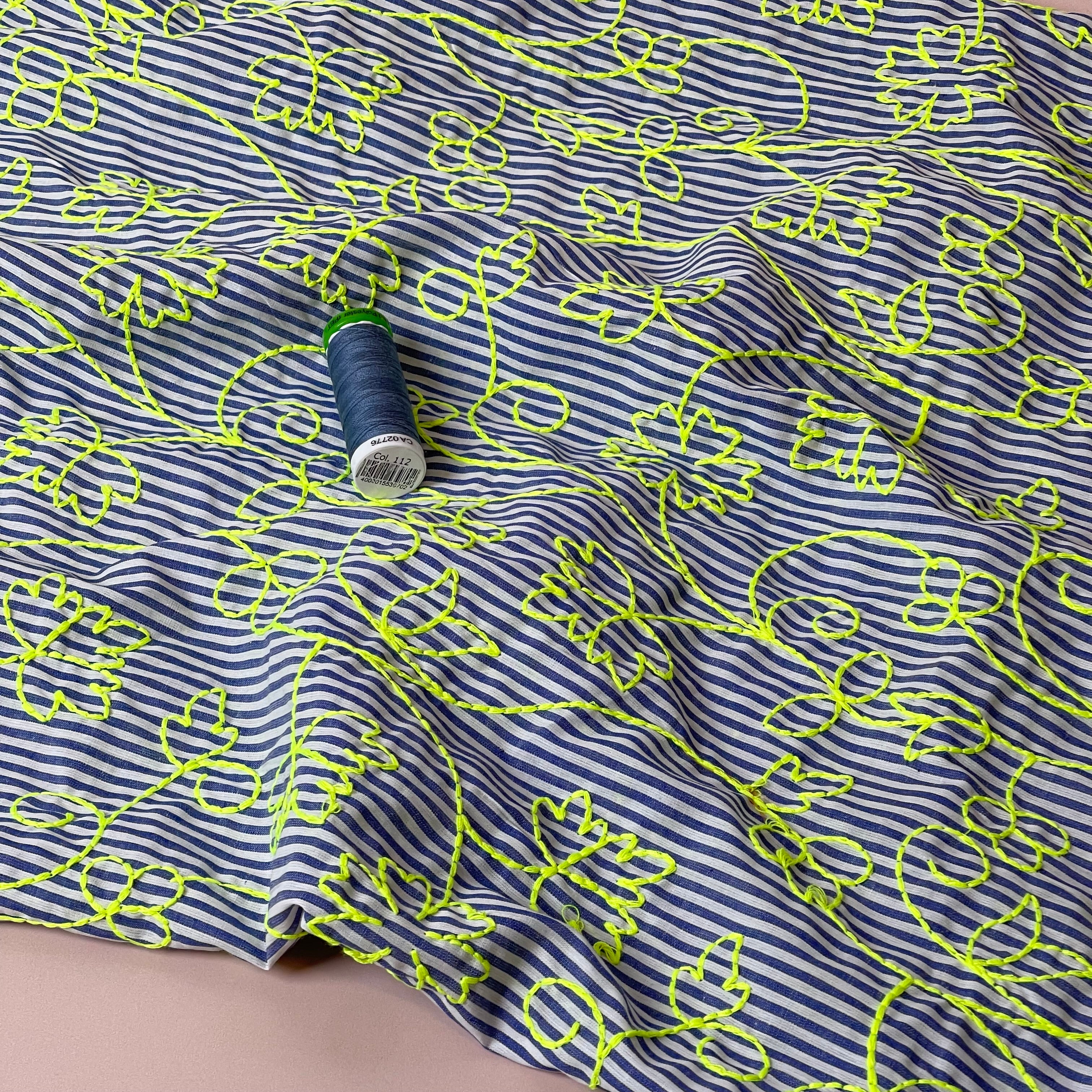Embroidered Neon Vines on Stripe Cotton Fabric