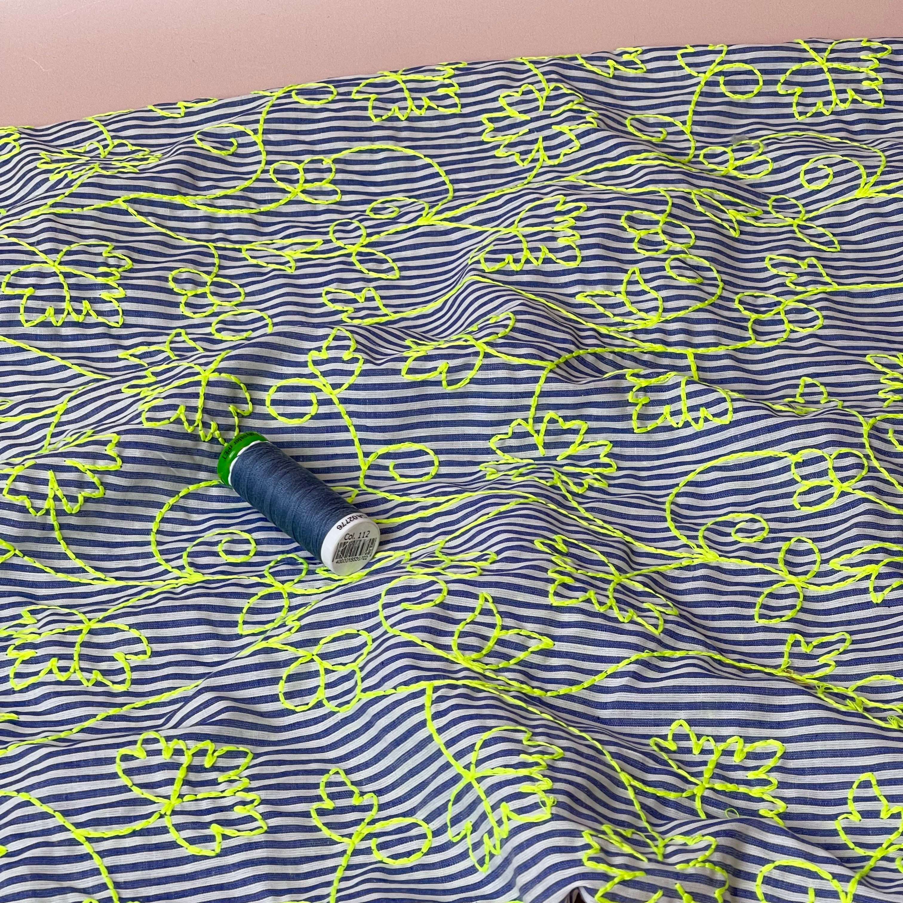 Embroidered Neon Vines on Stripe Cotton Fabric