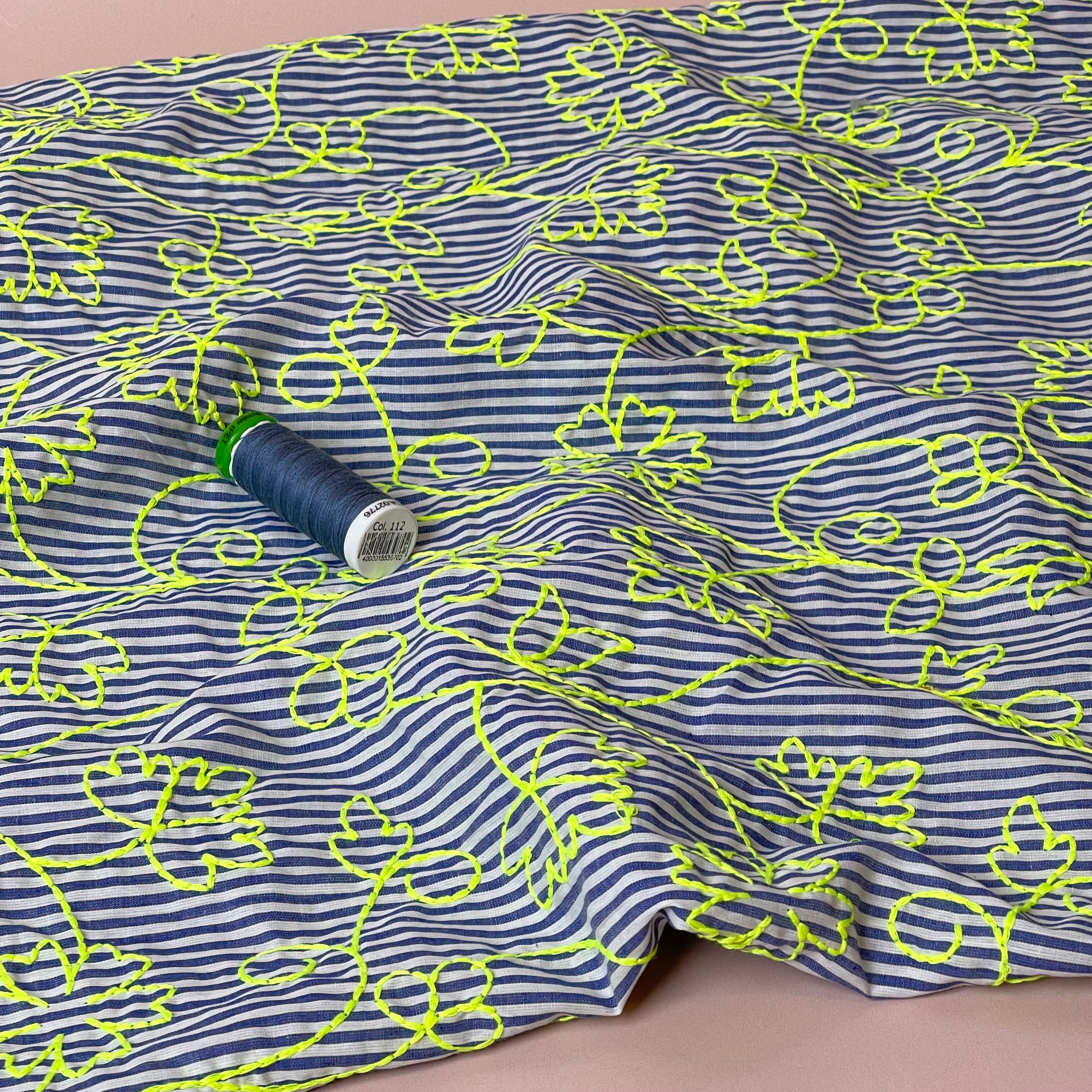 Embroidered Neon Vines on Stripe Cotton Fabric