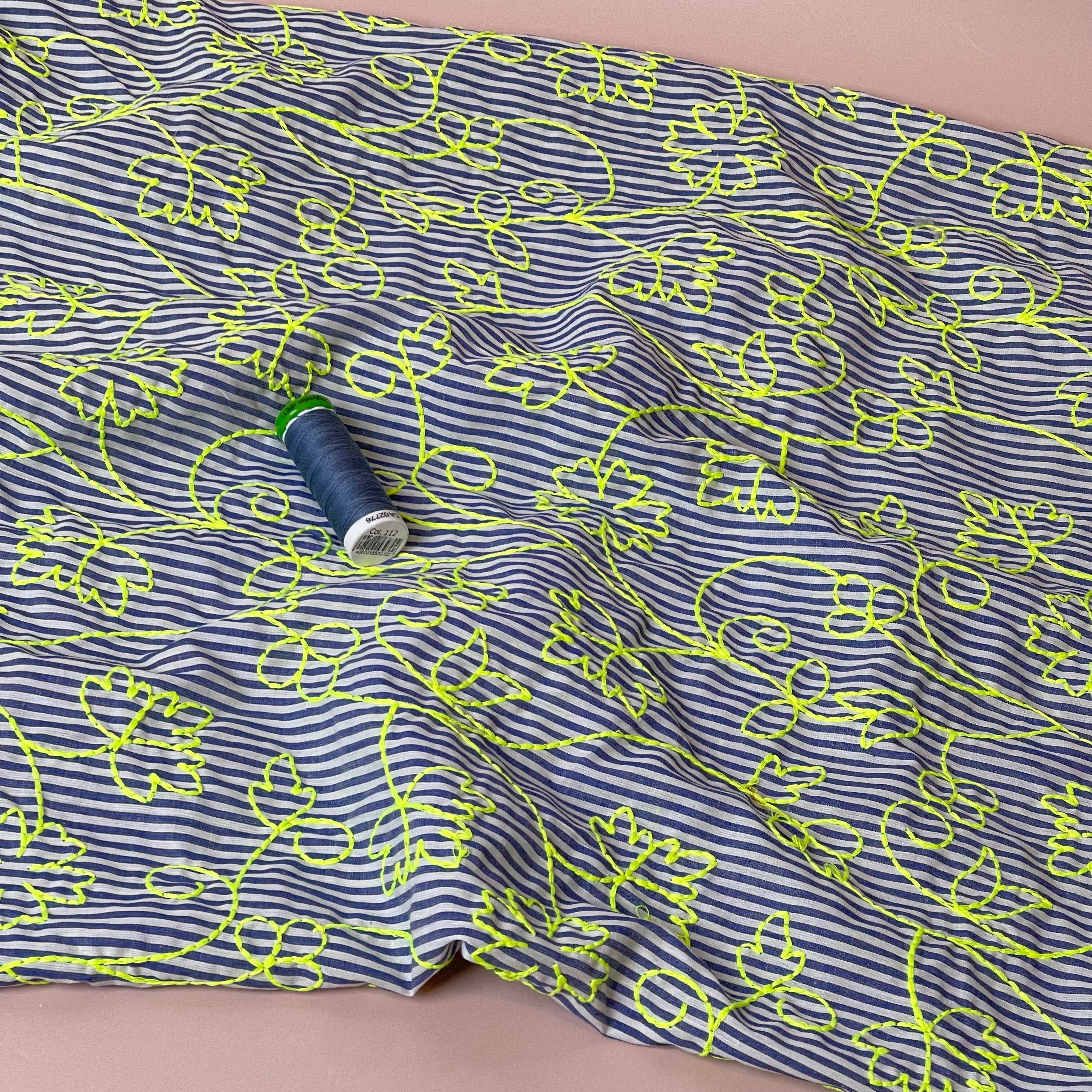 Embroidered Neon Vines on Stripe Cotton Fabric