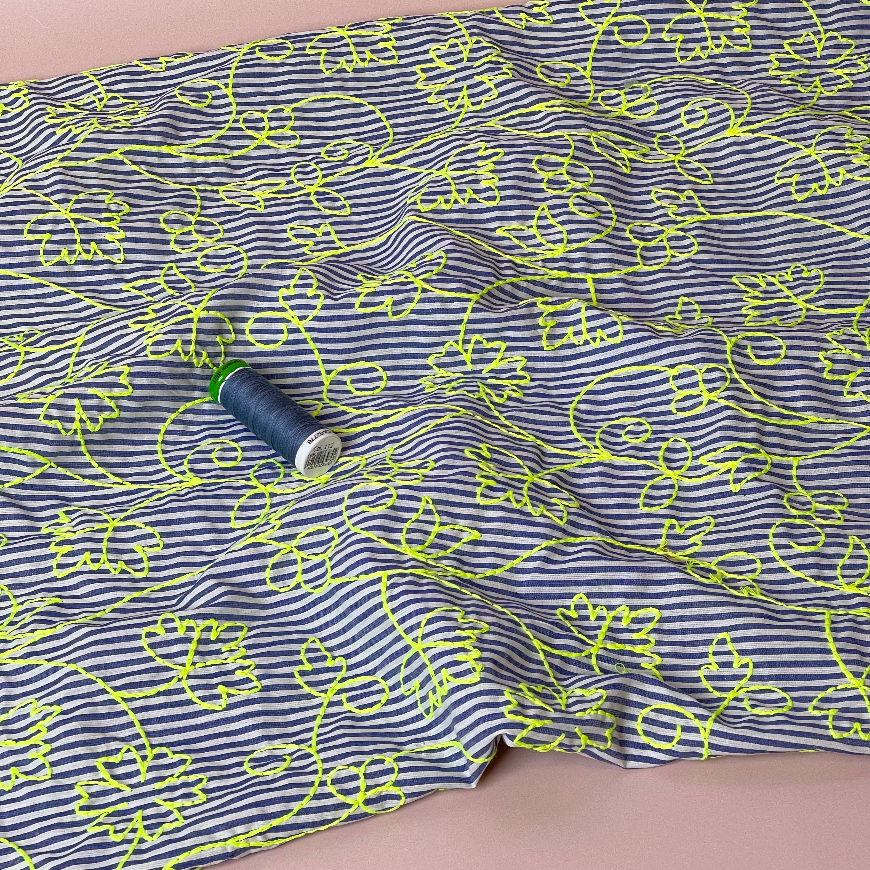 Embroidered Neon Vines on Stripe Cotton Fabric
