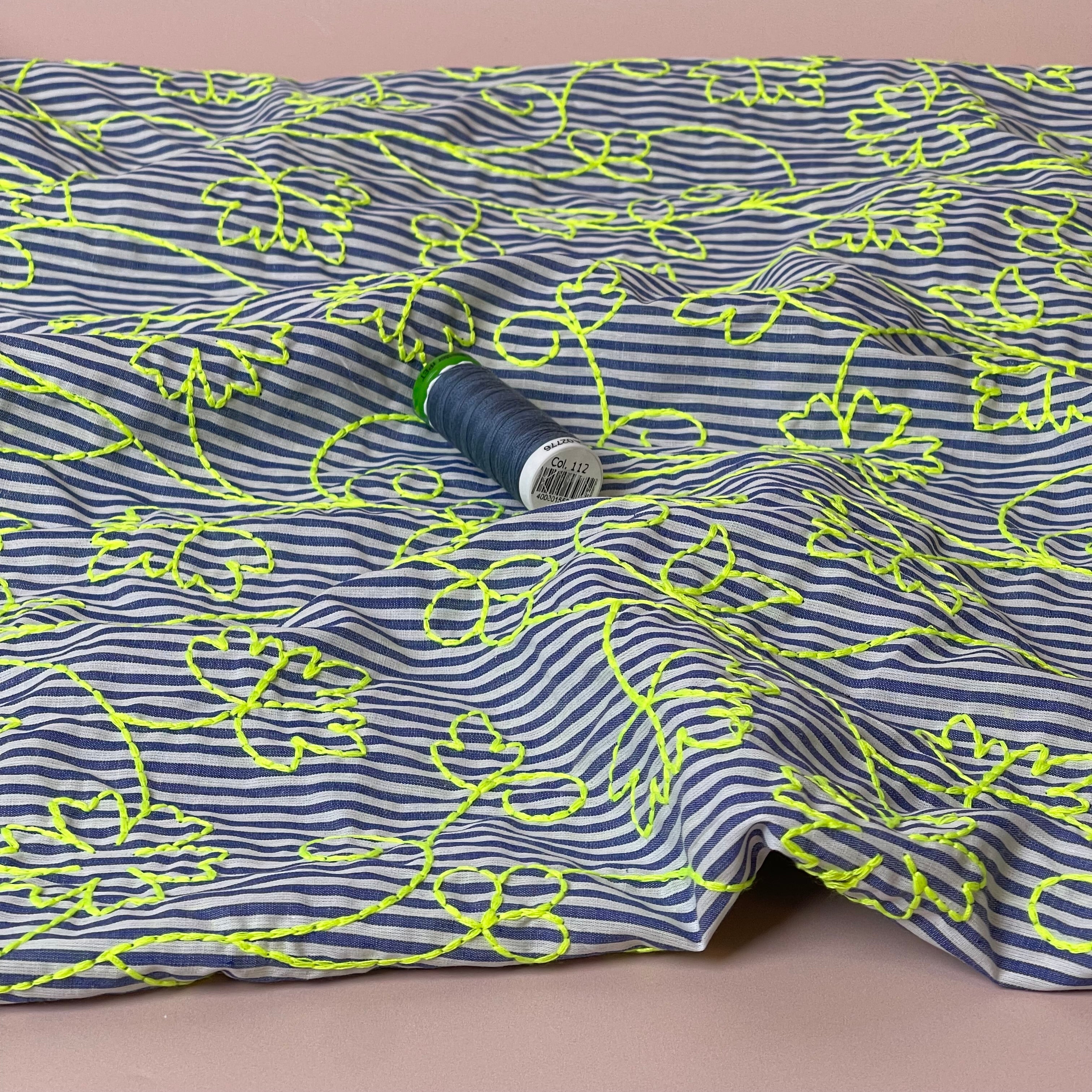 Embroidered Neon Vines on Stripe Cotton Fabric