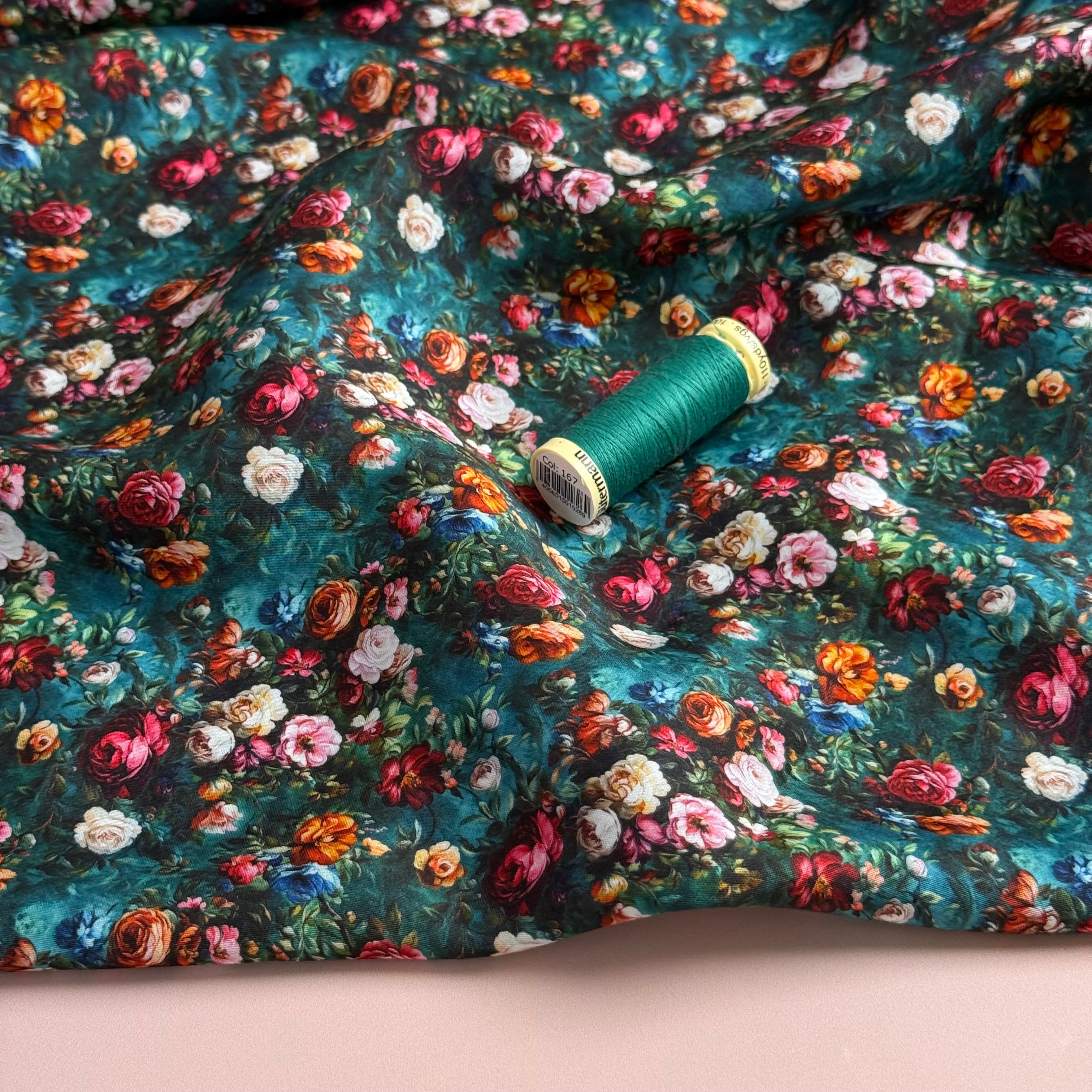 Vintage Roses on Green Lyocell Sateen Fabric