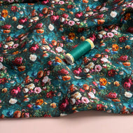 Vintage Roses on Green Lyocell Sateen Fabric