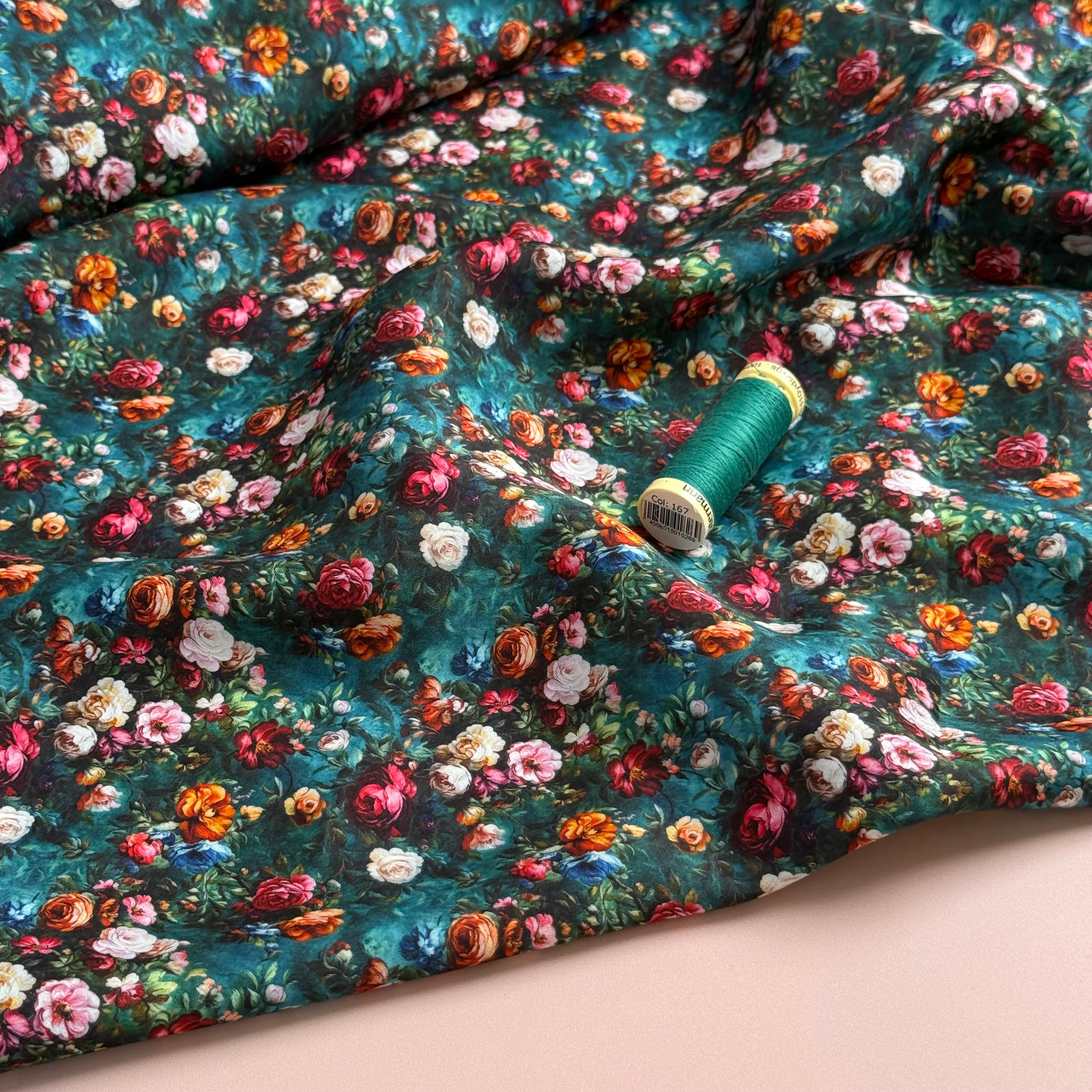 Vintage Roses on Green Lyocell Sateen Fabric