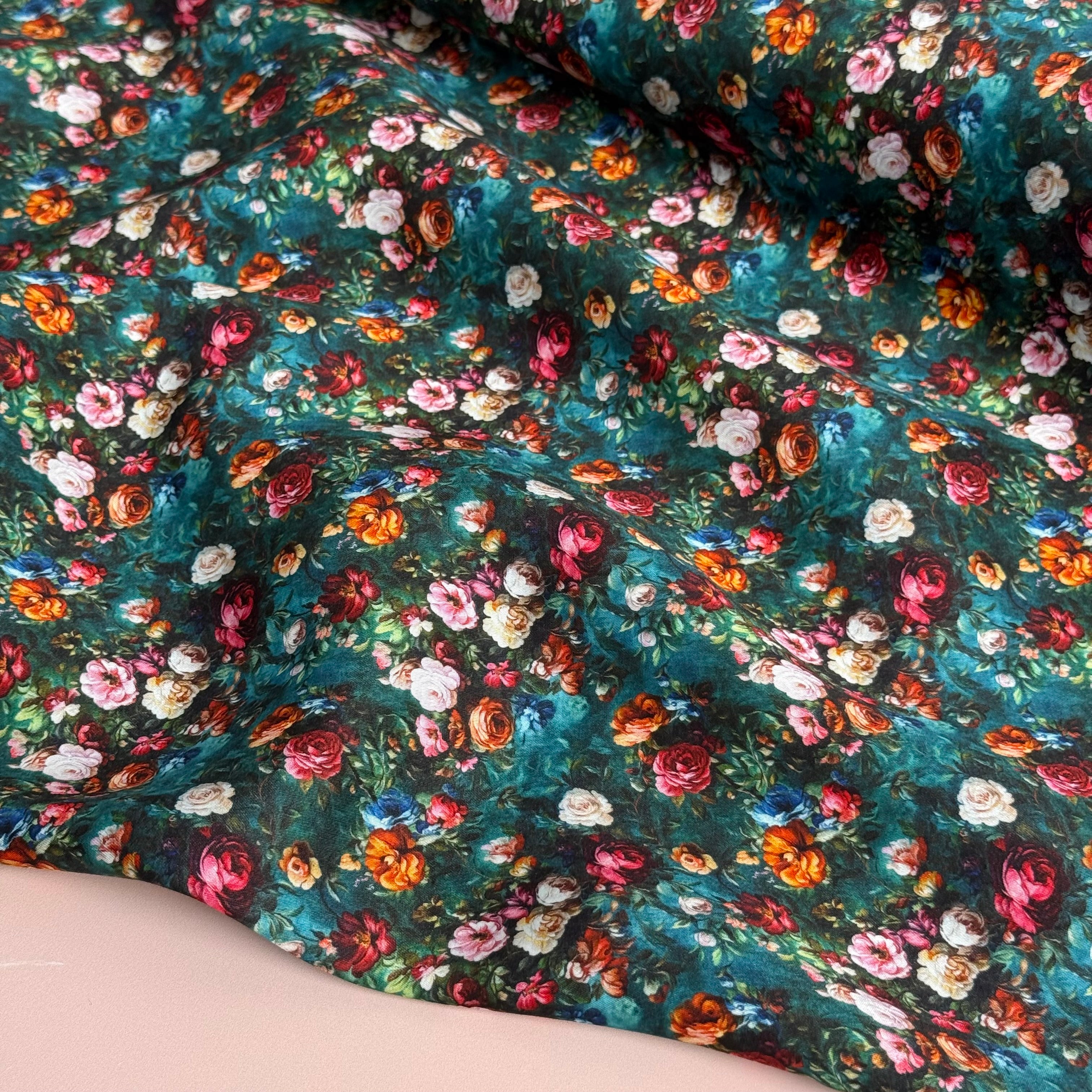 Vintage Roses on Green Lyocell Sateen Fabric