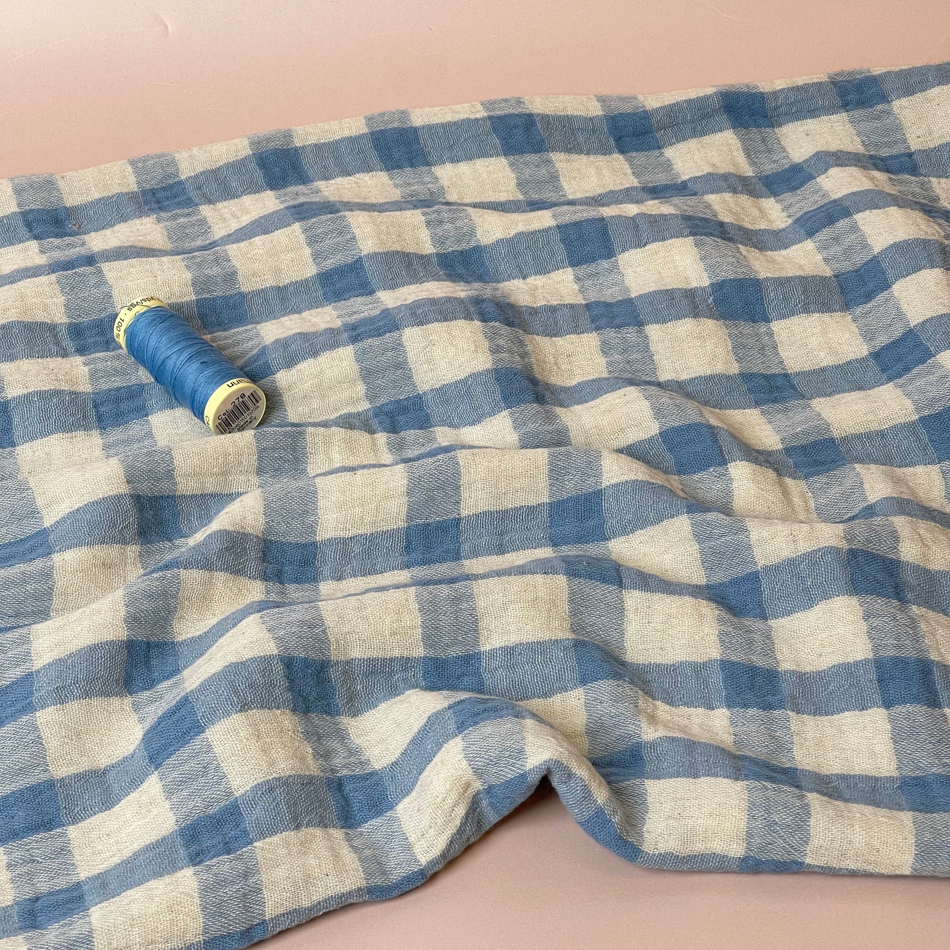 Yarn Dyed Blue Checks Cotton Linen Double Gauze