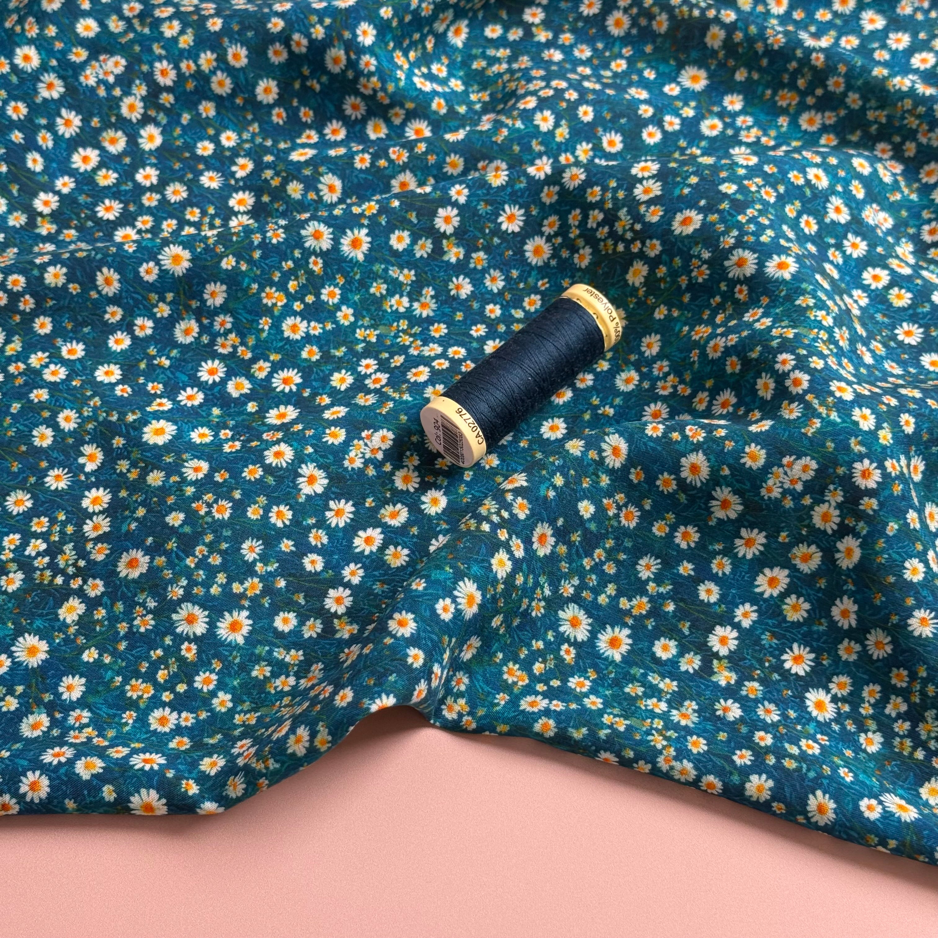 Ditsy Daisies on Teal Viscose Lawn Fabric