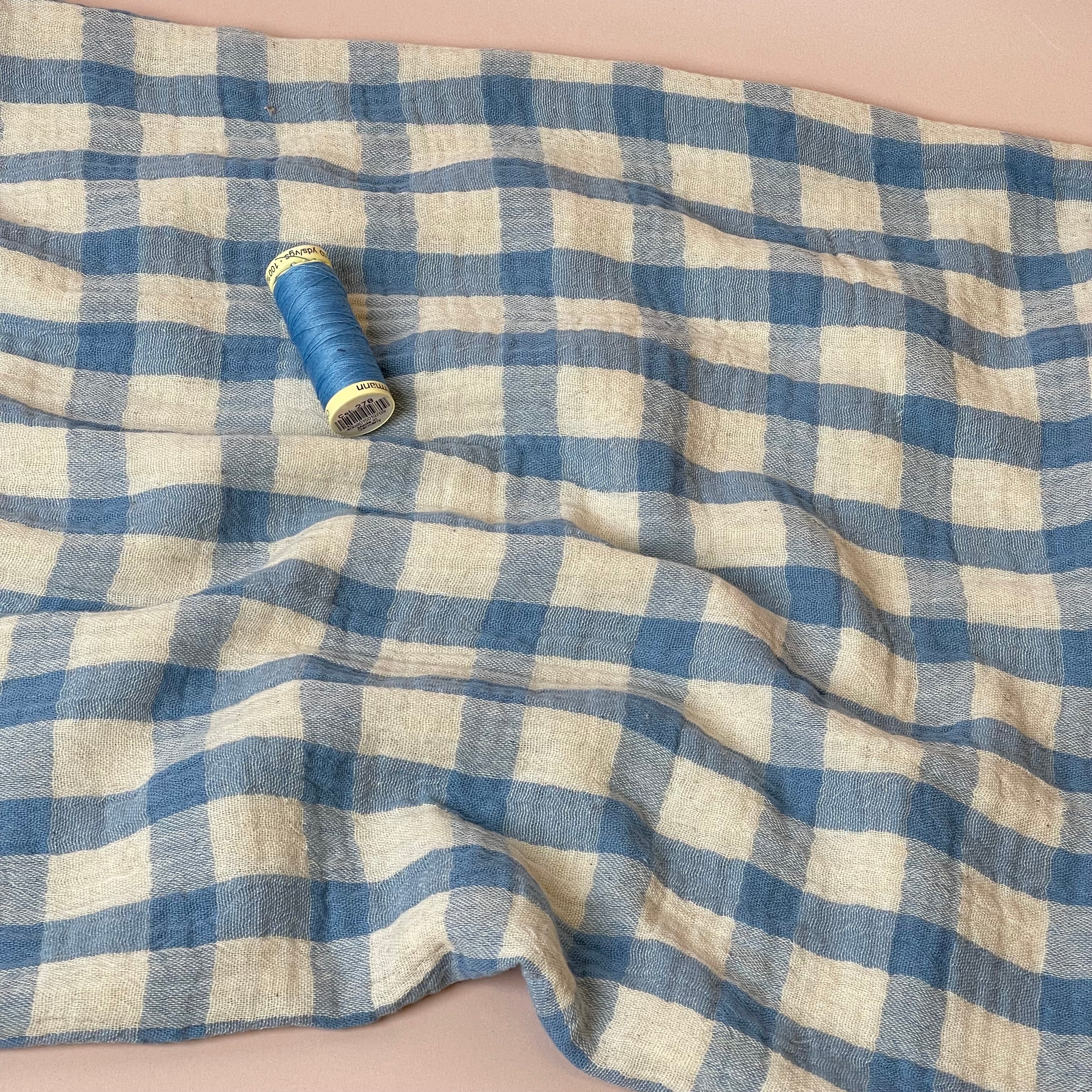 Yarn Dyed Blue Checks Cotton Linen Double Gauze