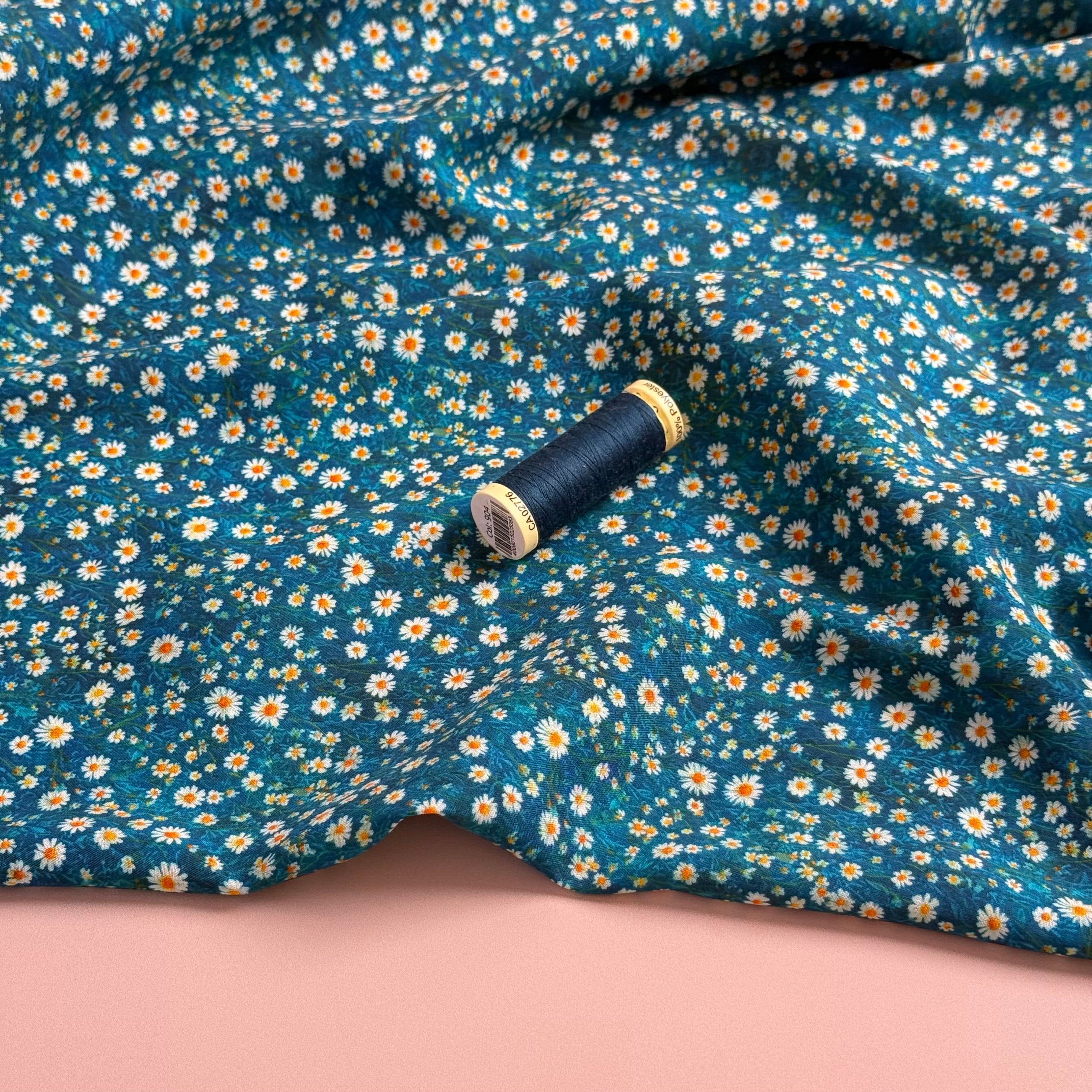 Ditsy Daisies on Teal Viscose Lawn Fabric