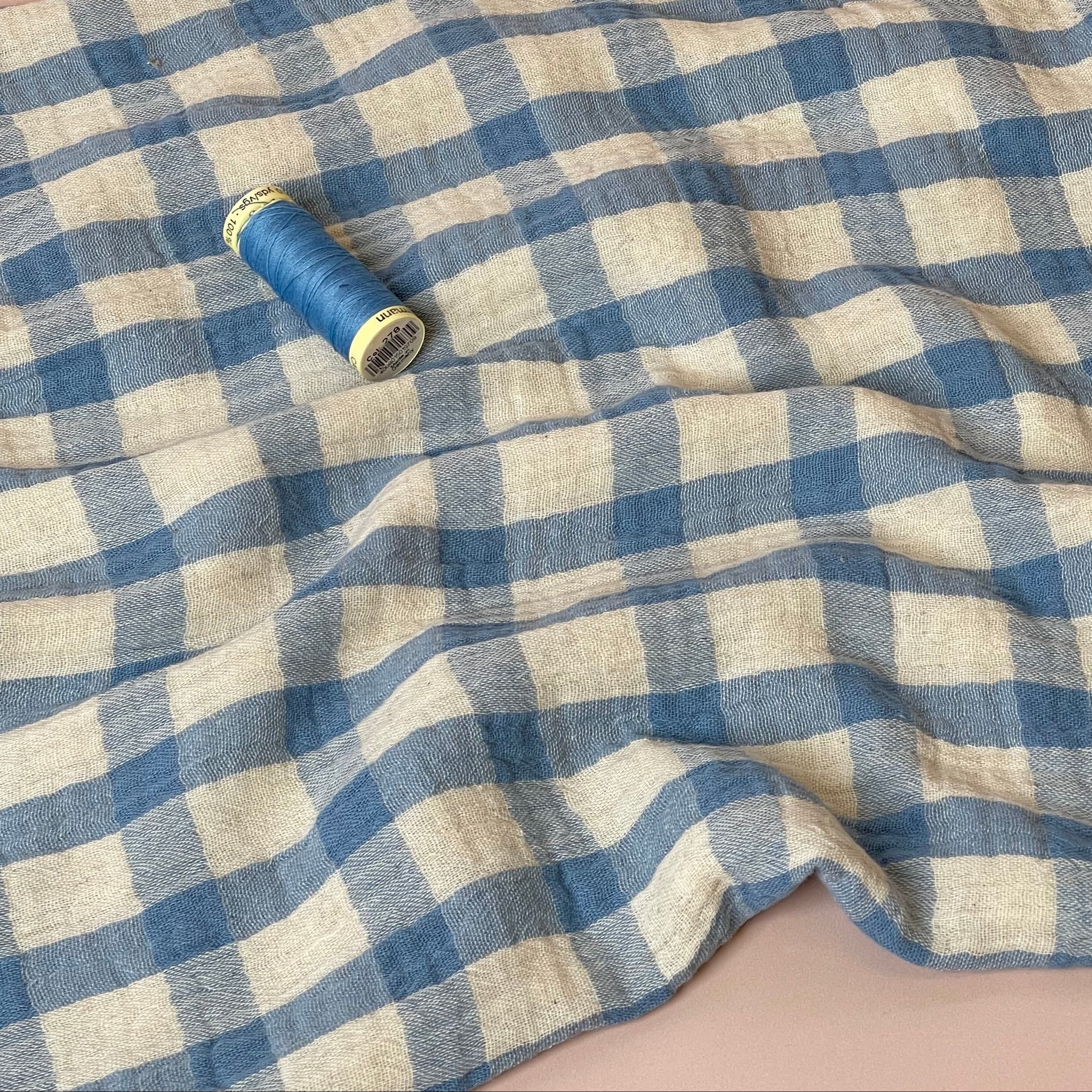 Yarn Dyed Blue Checks Cotton Linen Double Gauze