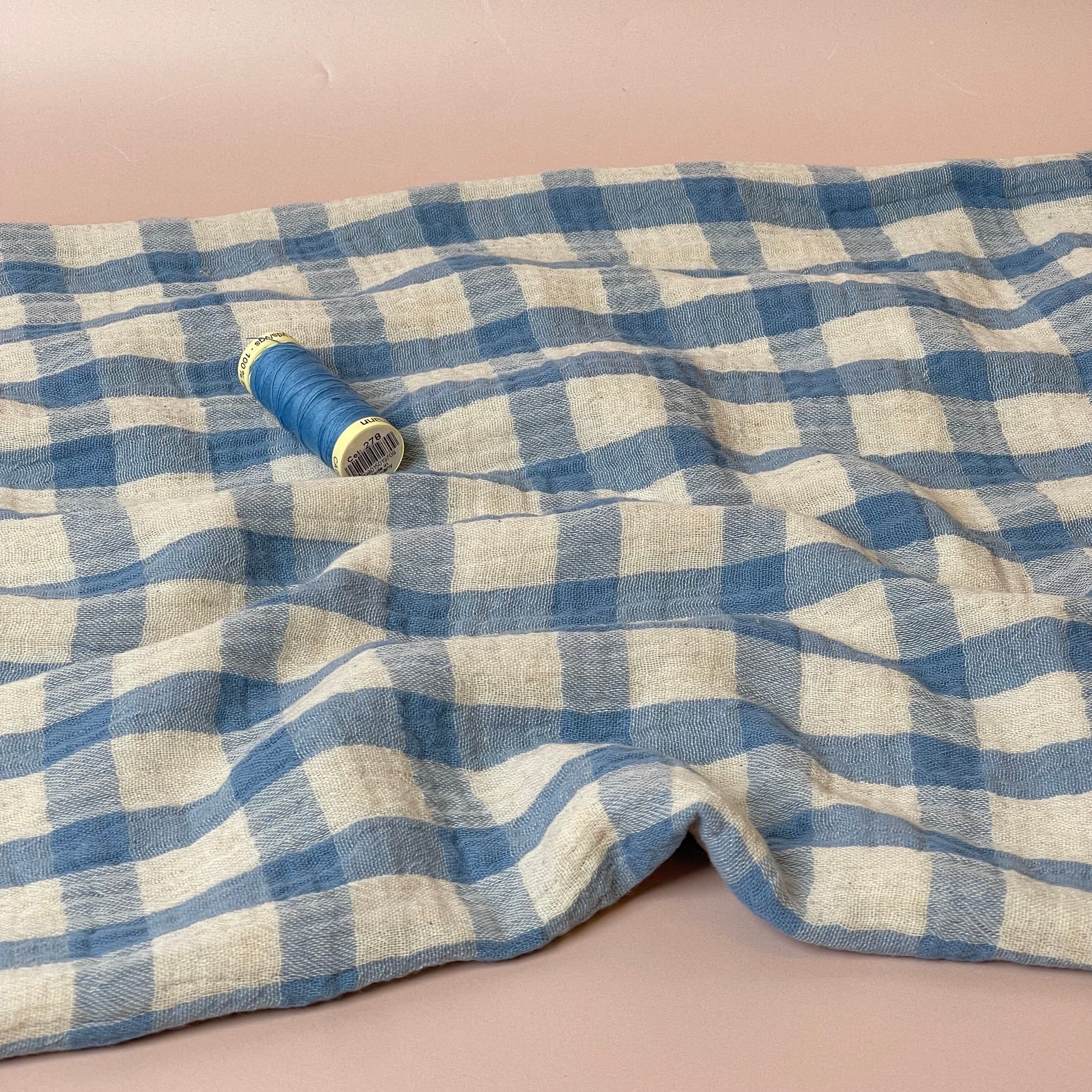 Yarn Dyed Blue Checks Cotton Linen Double Gauze