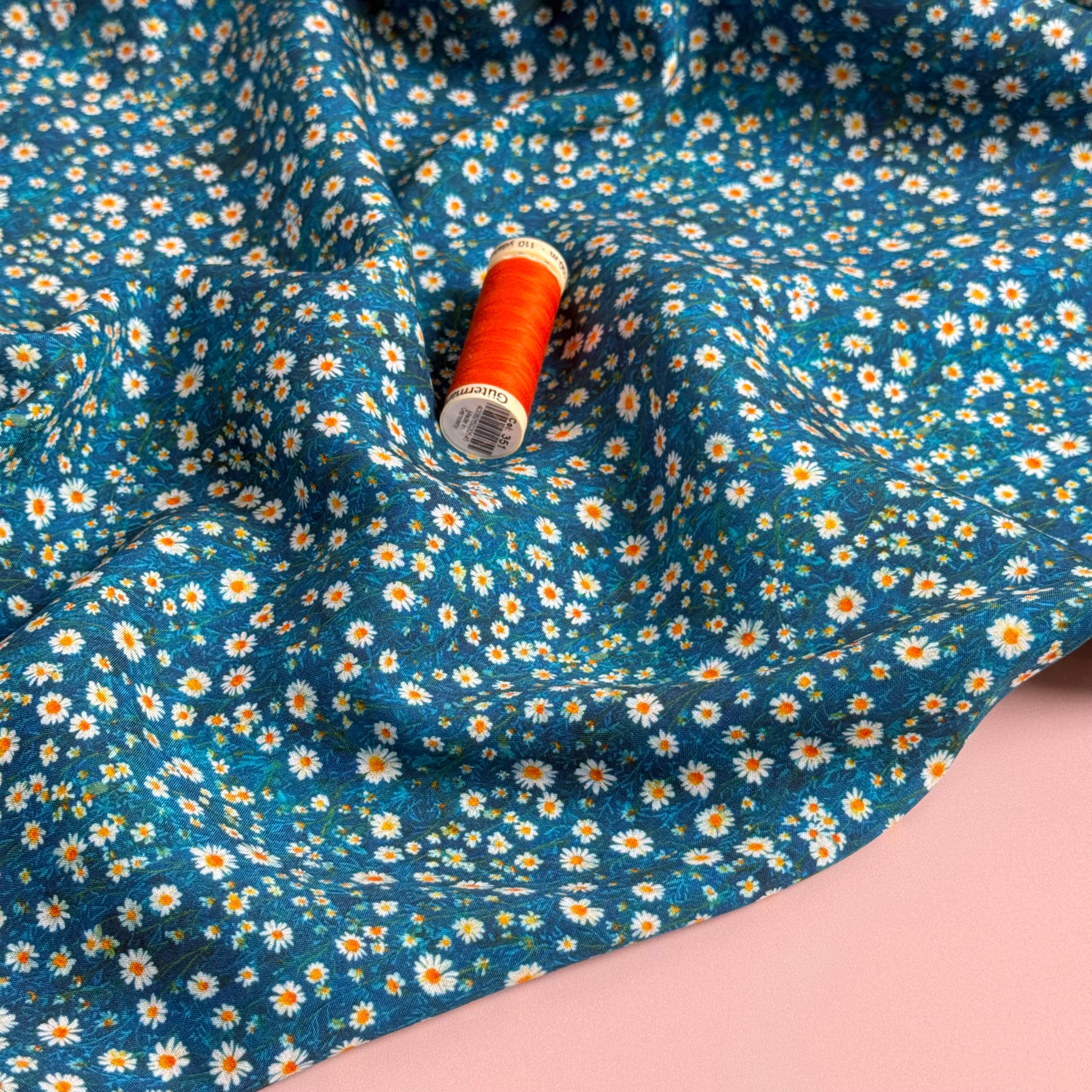 Ditsy Daisies on Teal Viscose Lawn Fabric