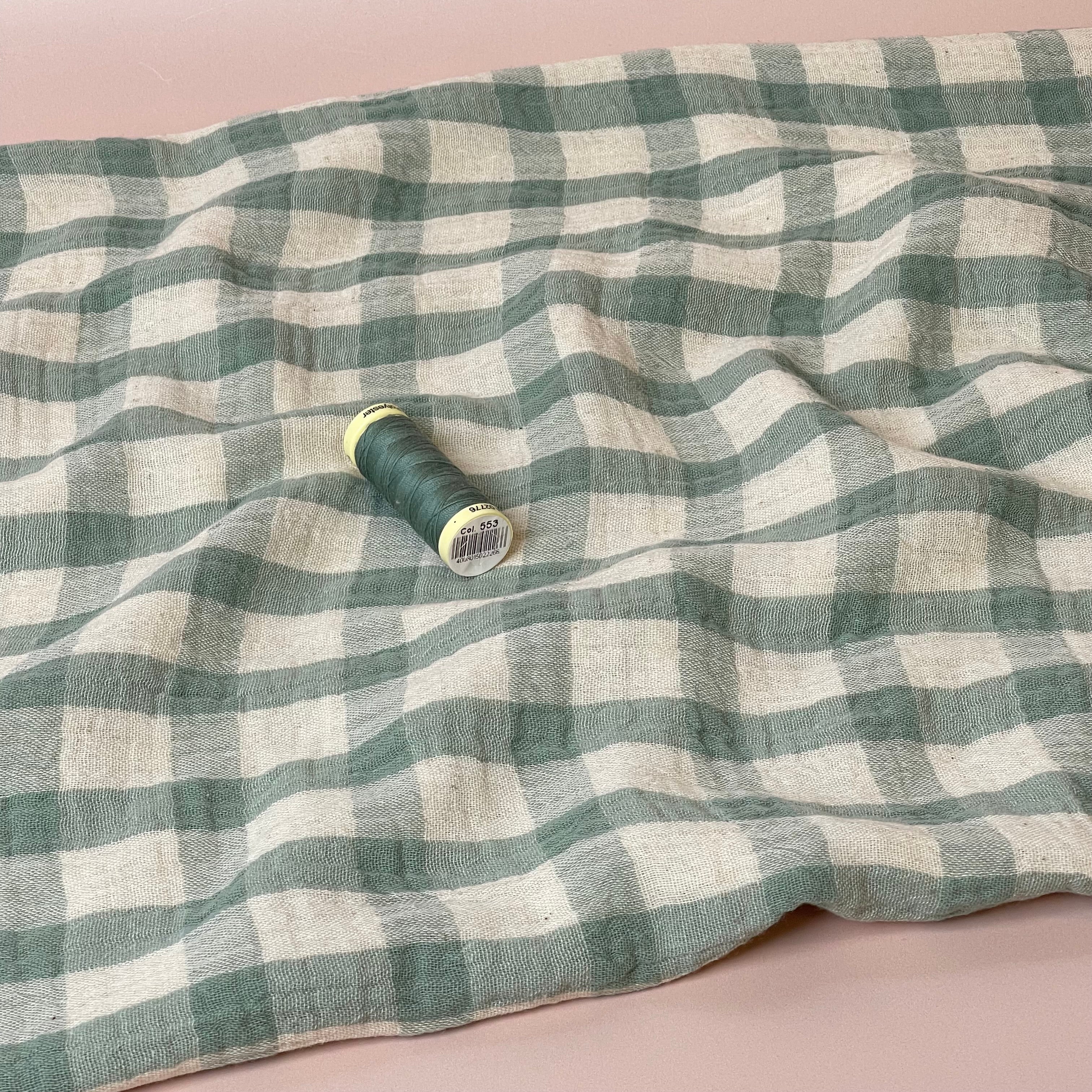 Yarn Dyed Sage Checks Cotton Linen Double Gauze