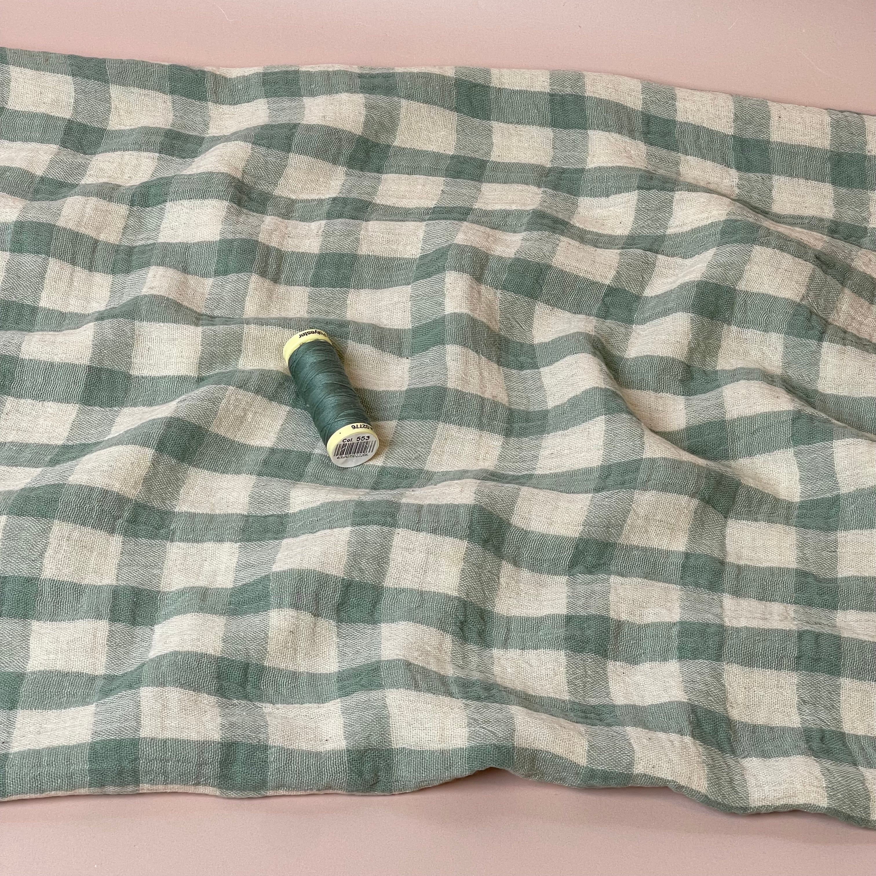 Yarn Dyed Sage Checks Cotton Linen Double Gauze