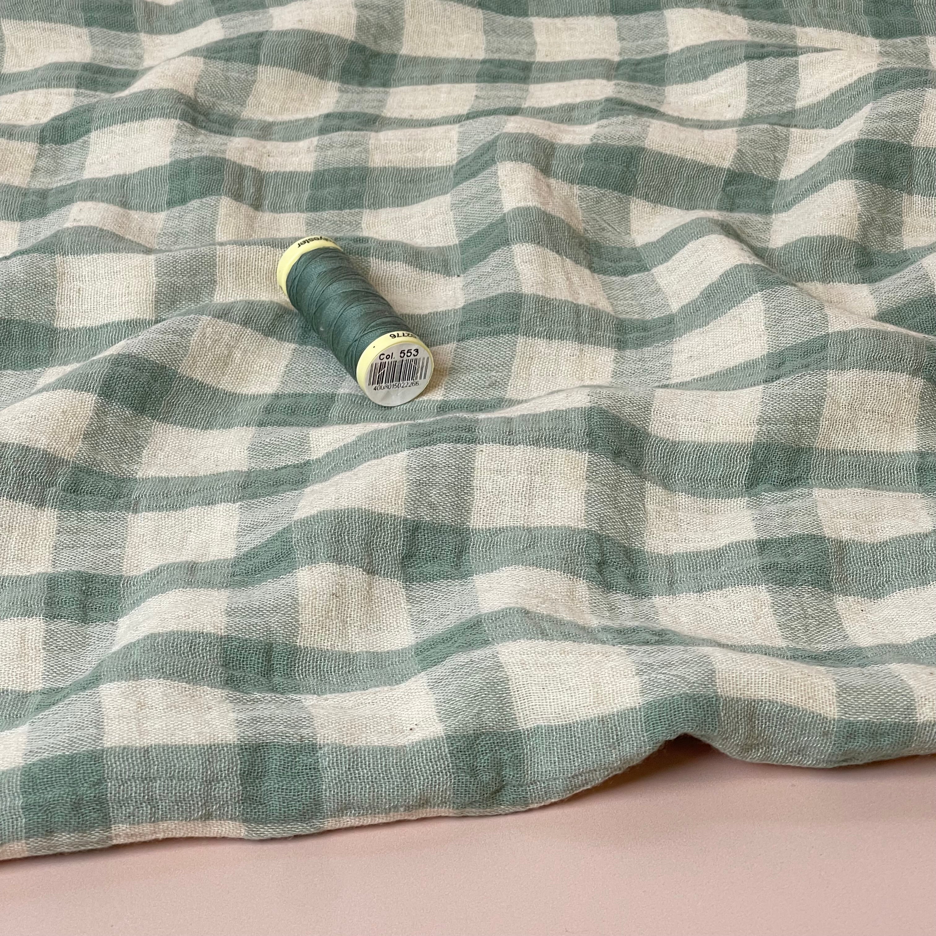 Yarn Dyed Sage Checks Cotton Linen Double Gauze