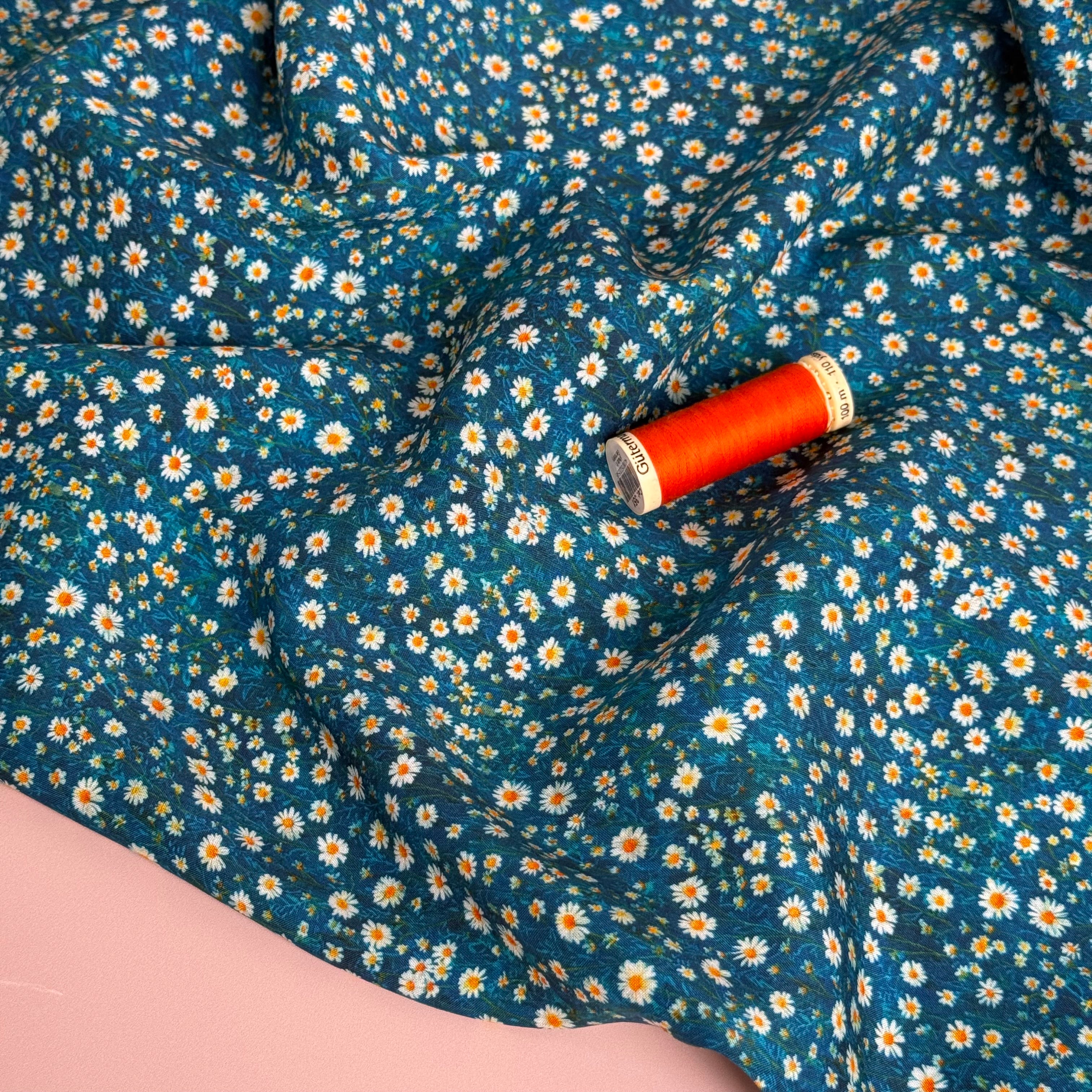 Ditsy Daisies on Teal Viscose Lawn Fabric