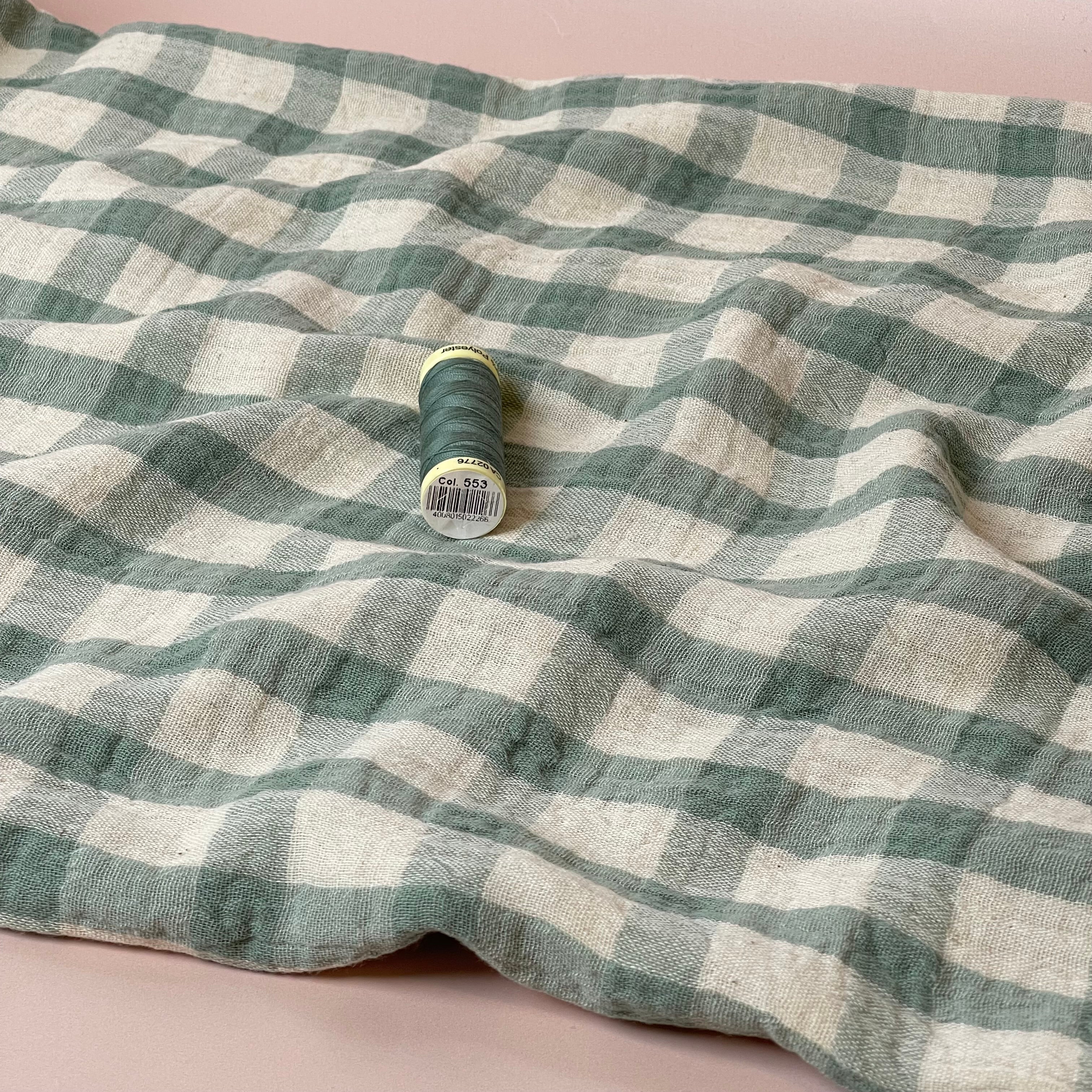 Yarn Dyed Sage Checks Cotton Linen Double Gauze