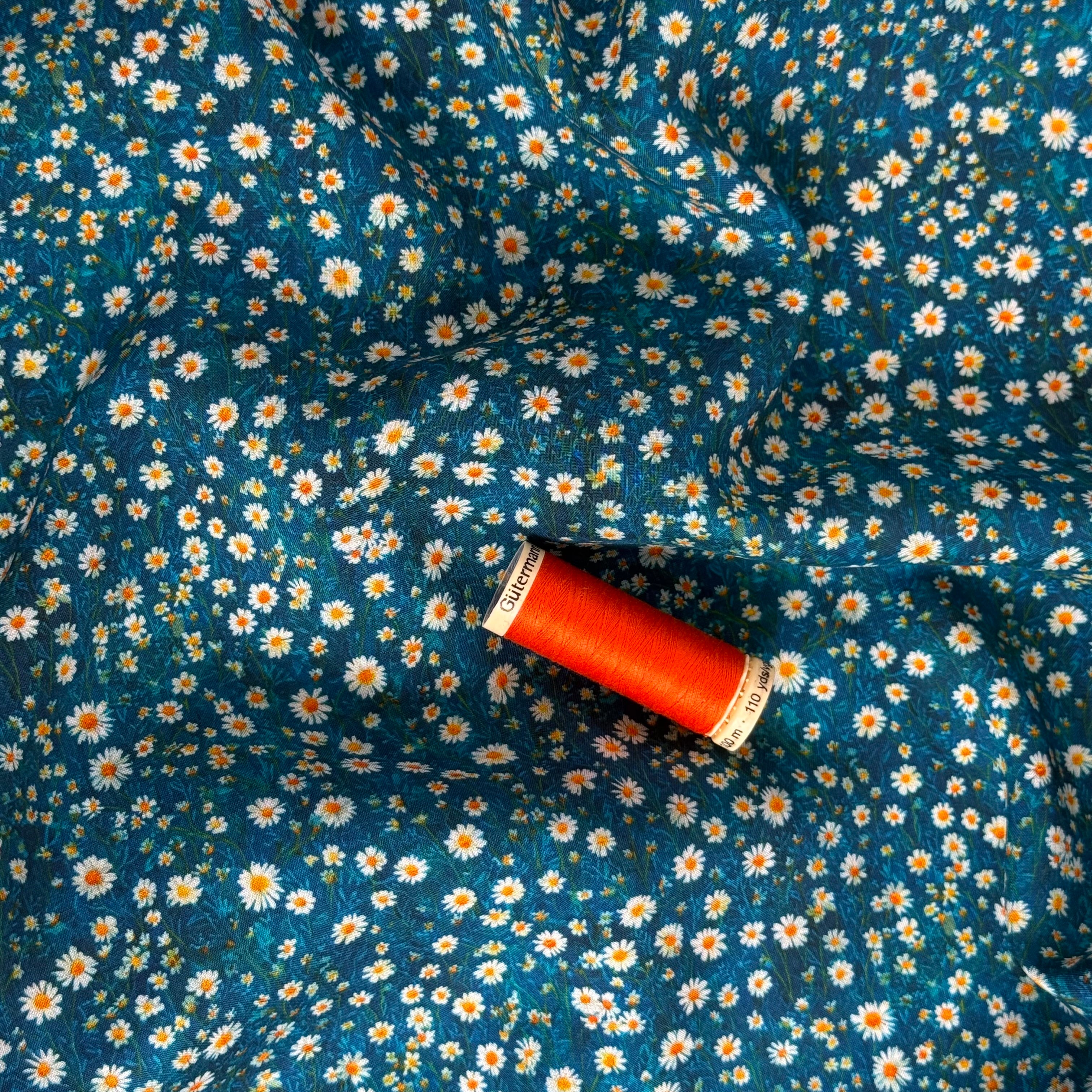 Ditsy Daisies on Teal Viscose Lawn Fabric