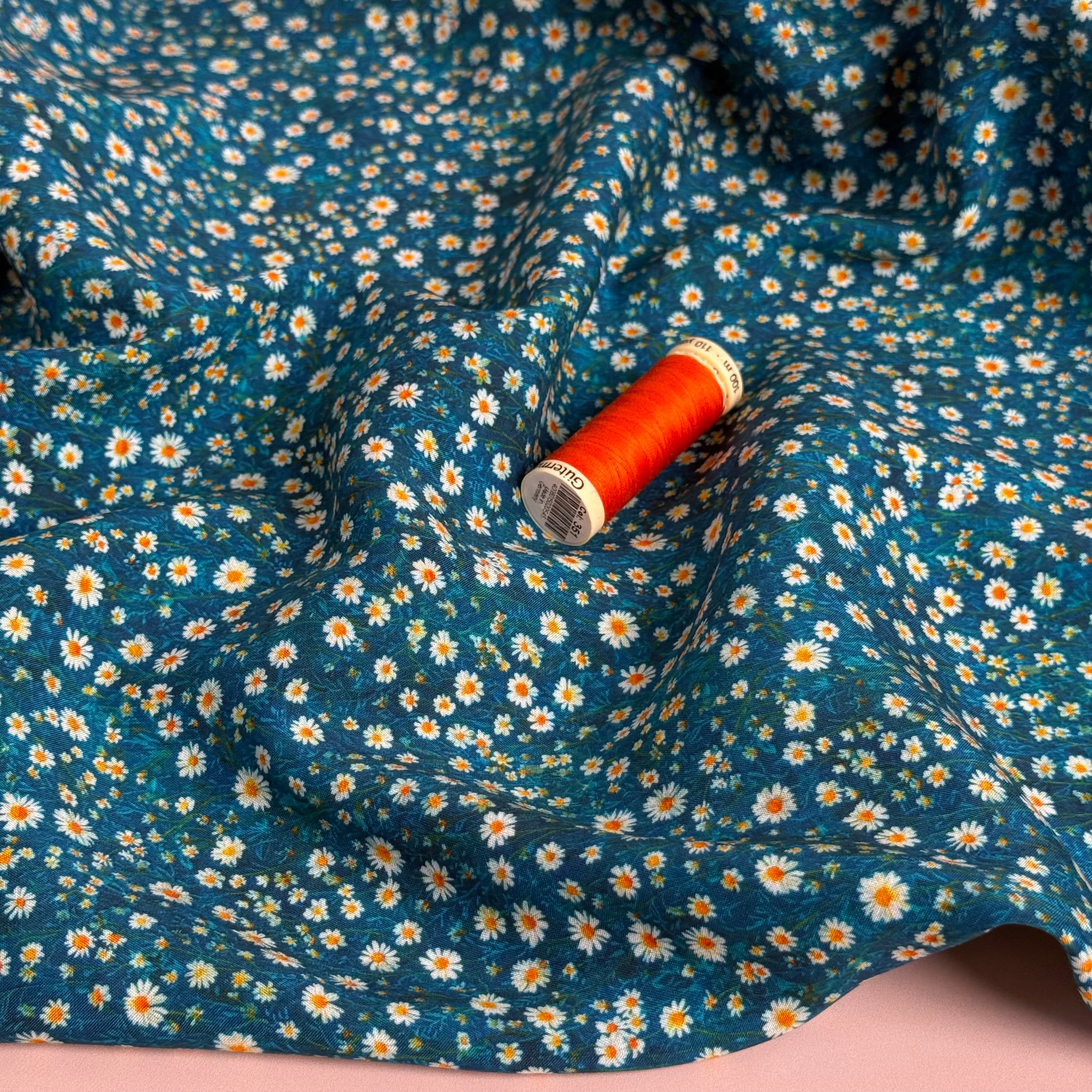 Ditsy Daisies on Teal Viscose Lawn Fabric