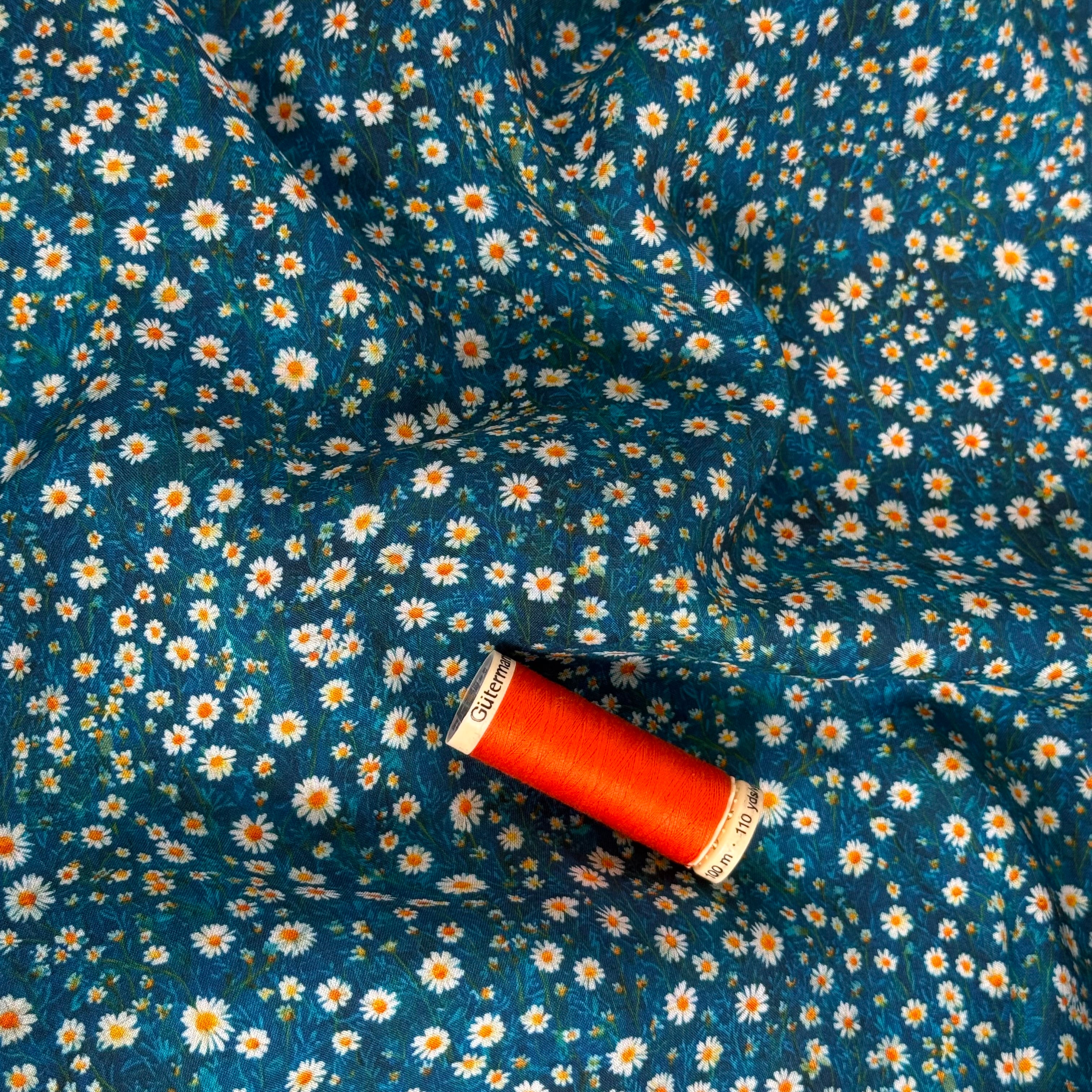 Ditsy Daisies on Teal Viscose Lawn Fabric