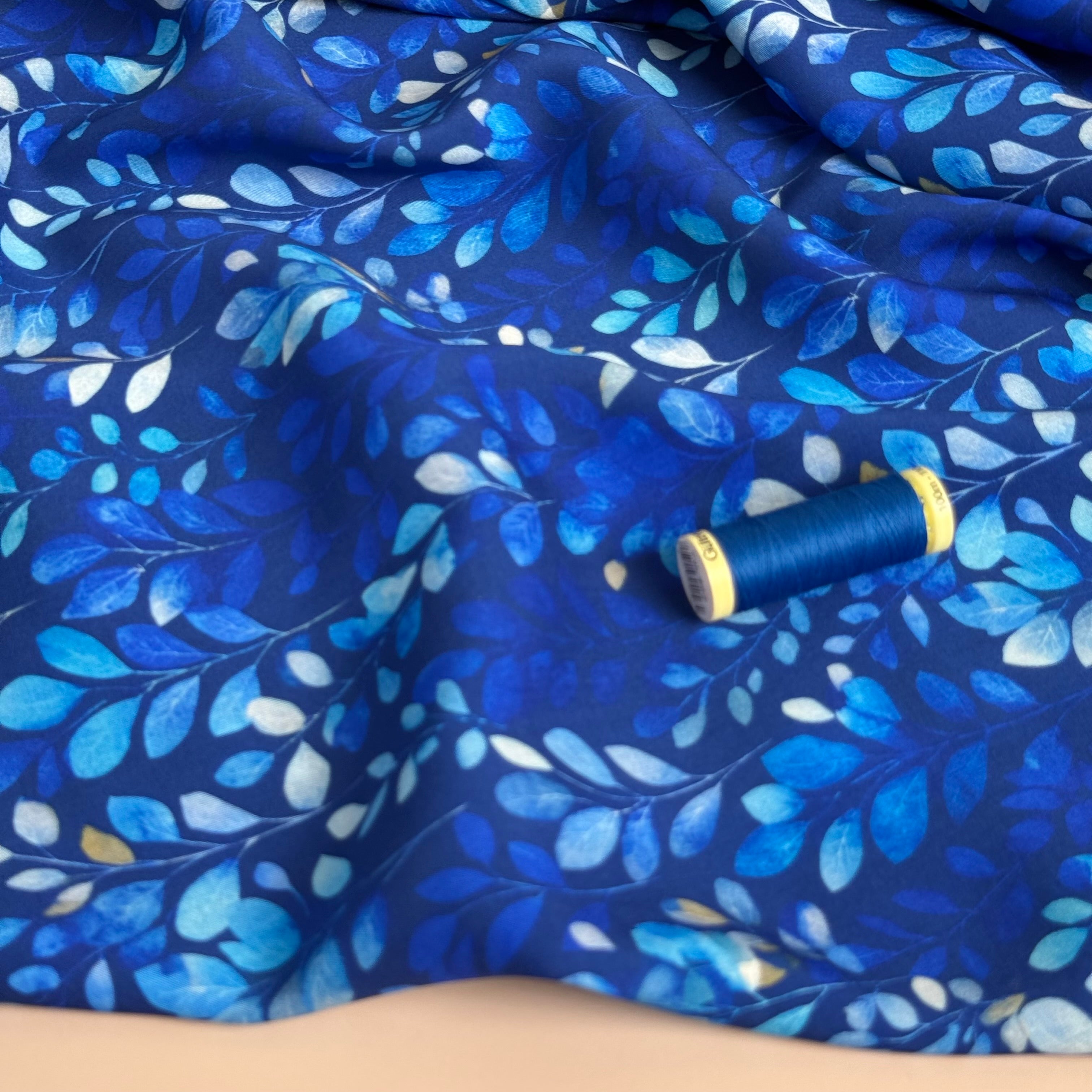 Eucalyptus Leaves Cobalt Viscose Lawn Fabric