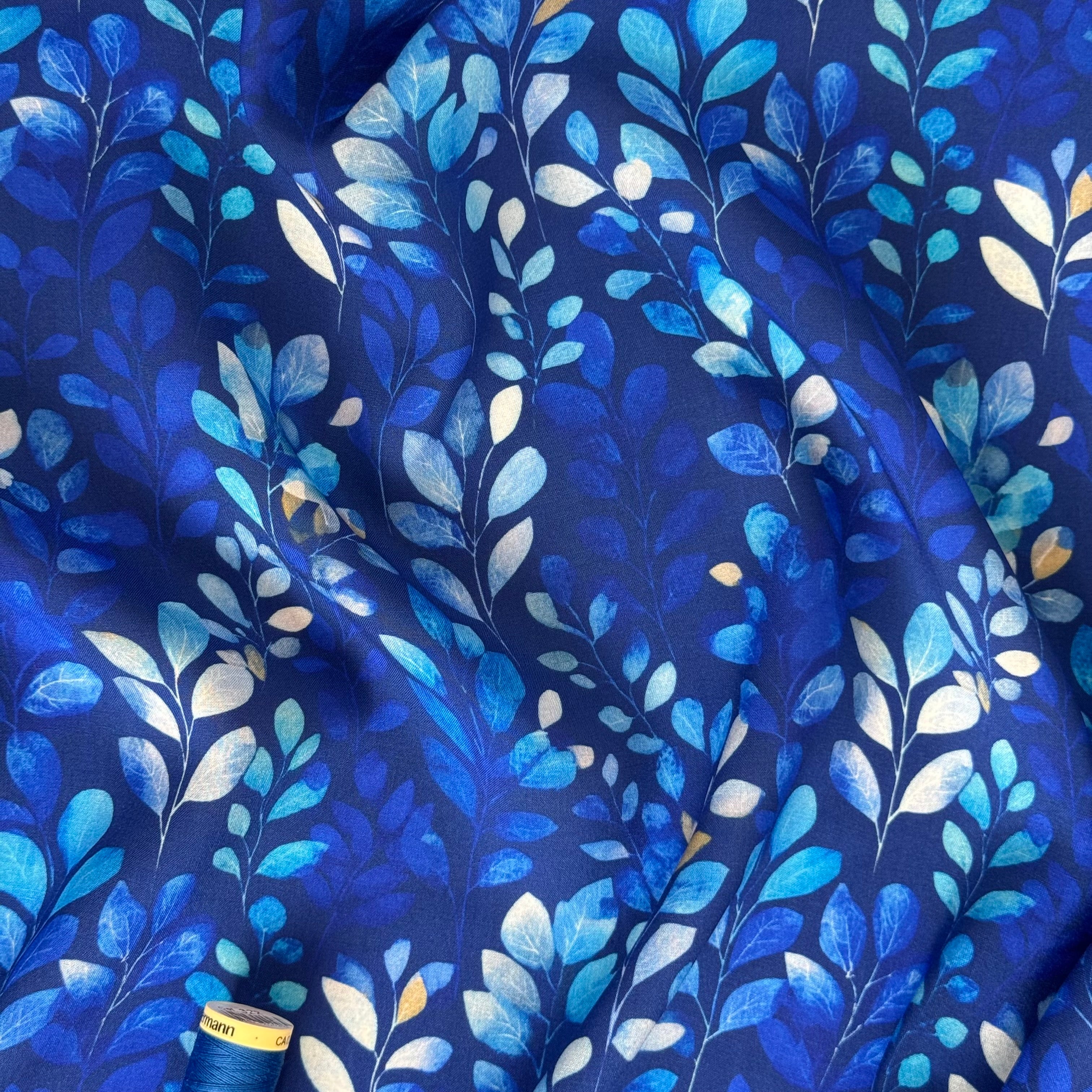 Eucalyptus Leaves Cobalt Viscose Lawn Fabric