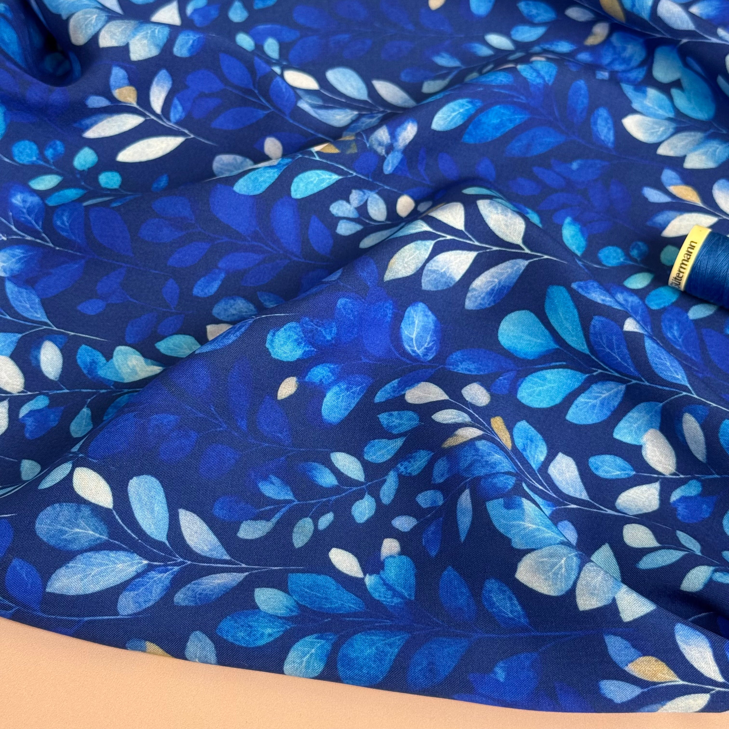 Eucalyptus Leaves Cobalt Viscose Lawn Fabric