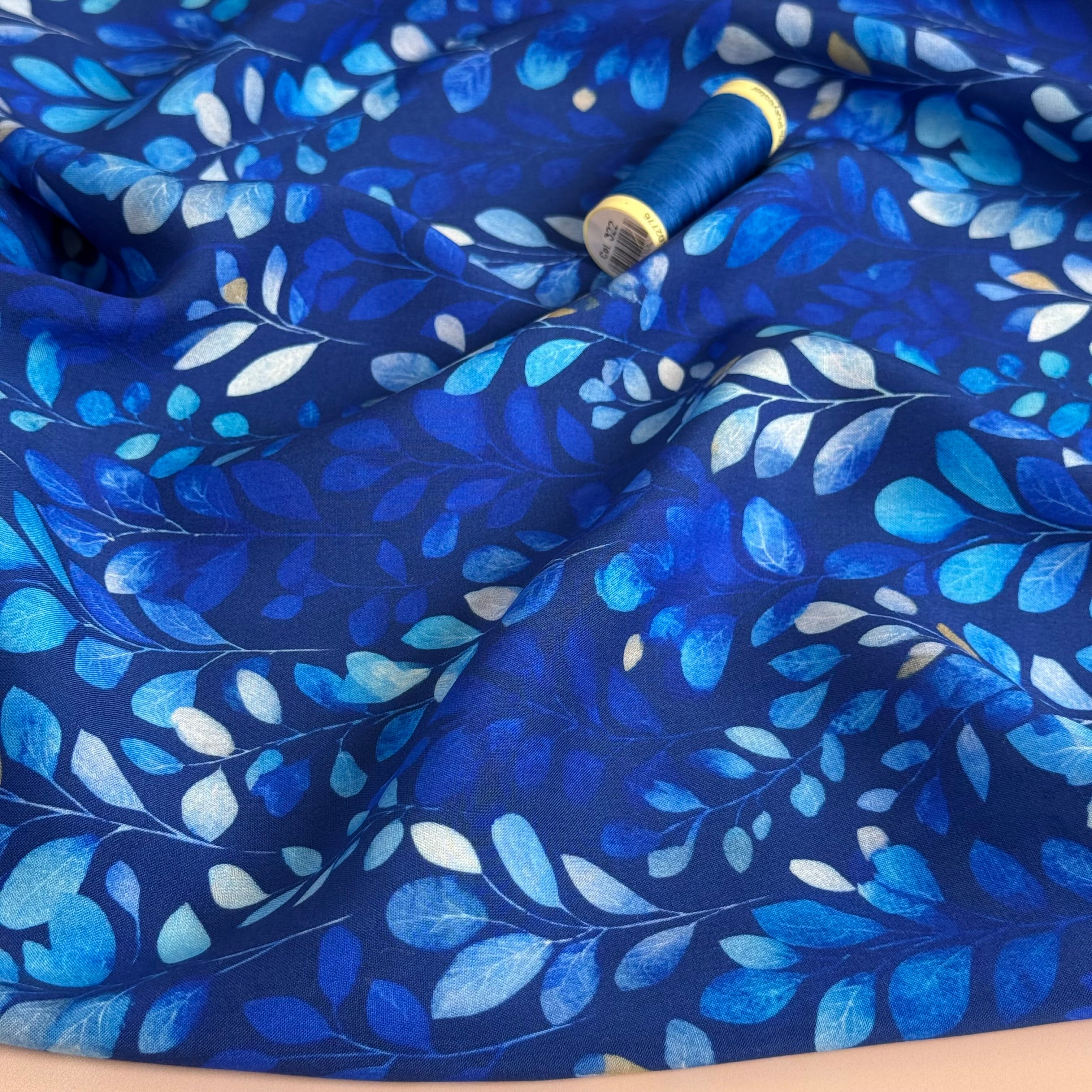 Eucalyptus Leaves Cobalt Viscose Lawn Fabric