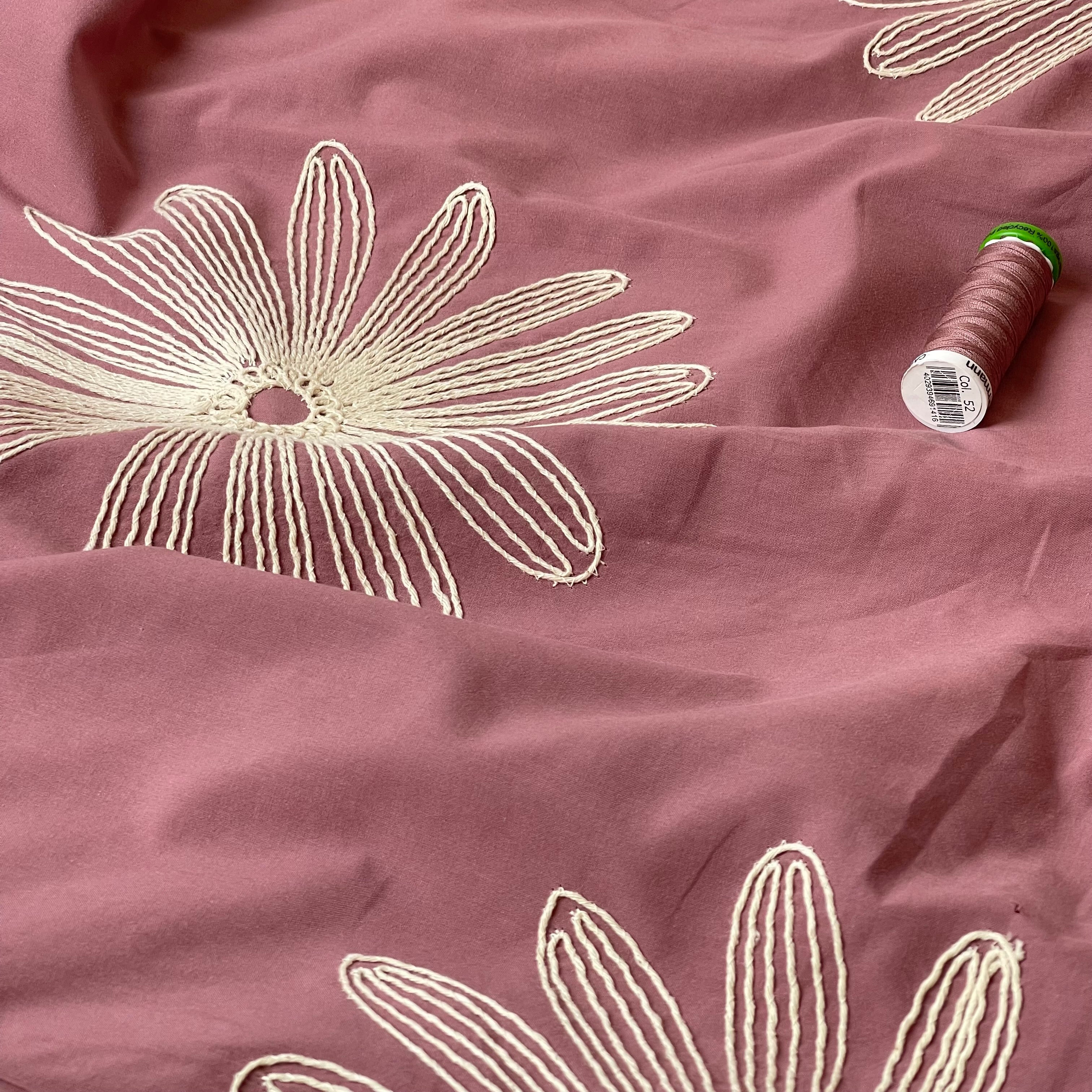 Embroidered Daisies on Dusty Rose Cotton Fabric