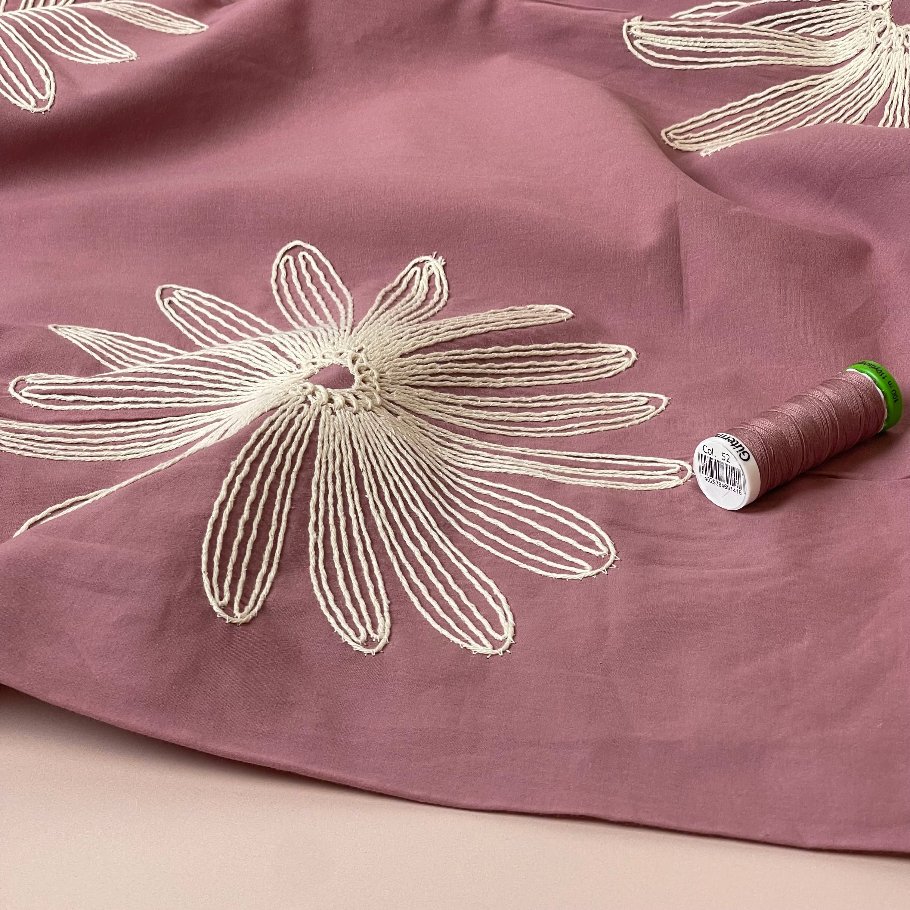 Embroidered Daisies on Dusty Rose Cotton Fabric