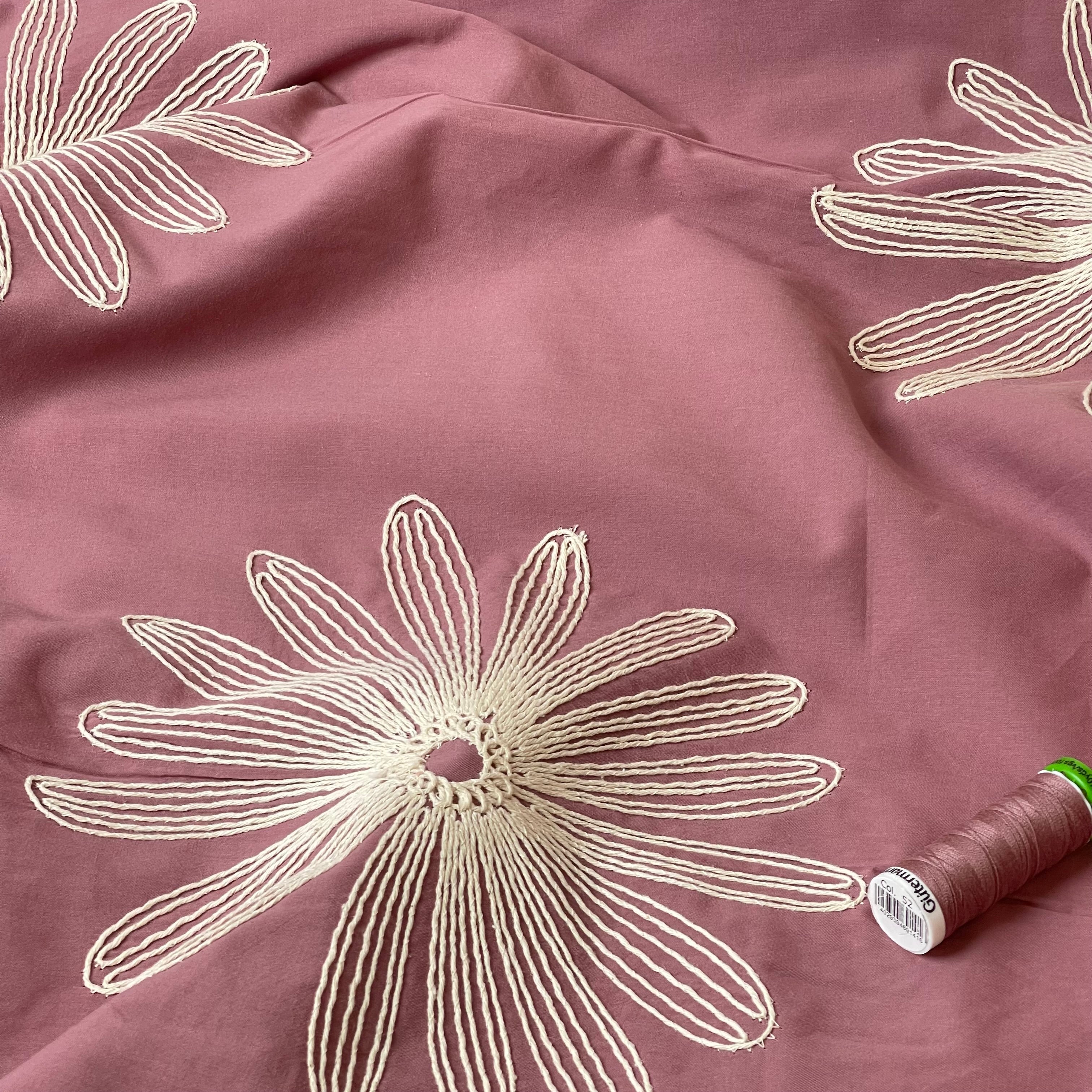 Embroidered Daisies on Dusty Rose Cotton Fabric