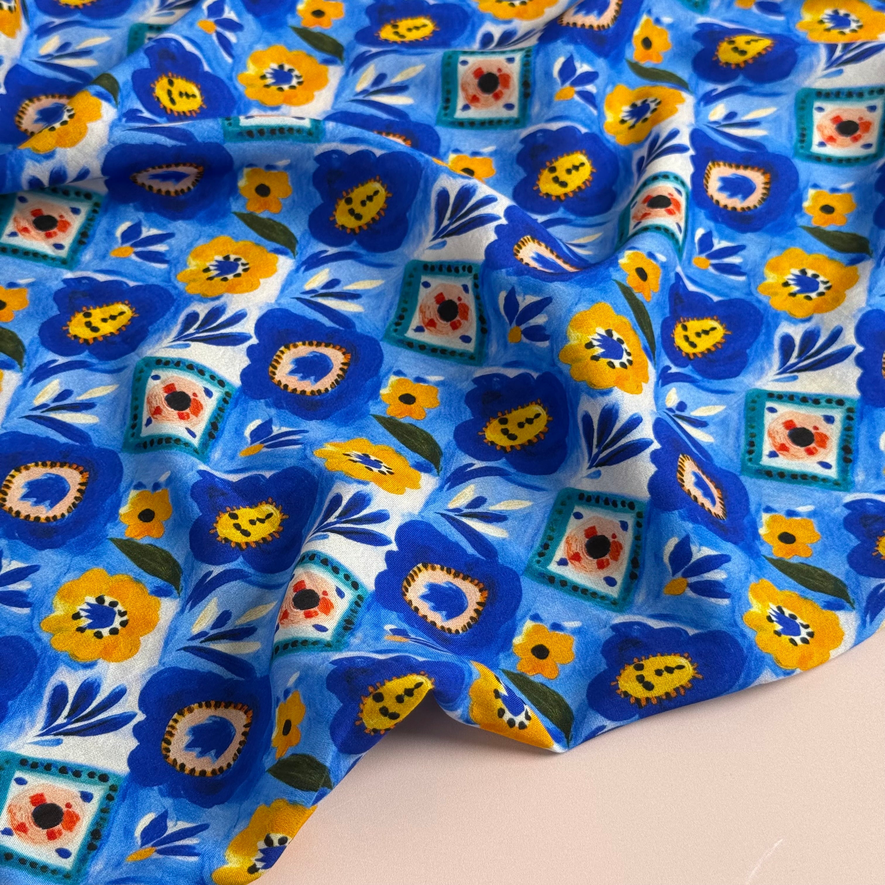 Ceramic Florals Cobalt Viscose Lawn Fabric