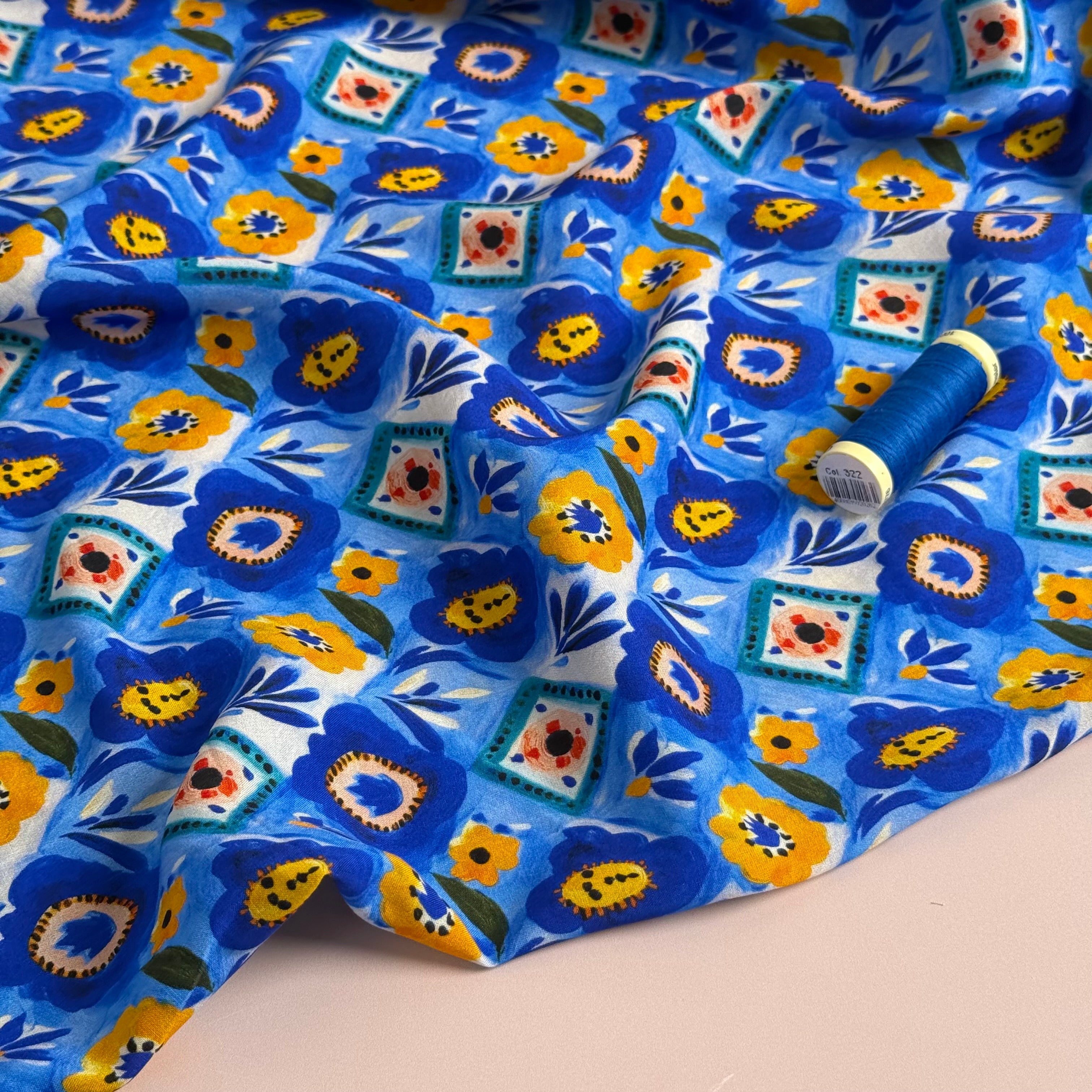 Ceramic Florals Cobalt Viscose Lawn Fabric