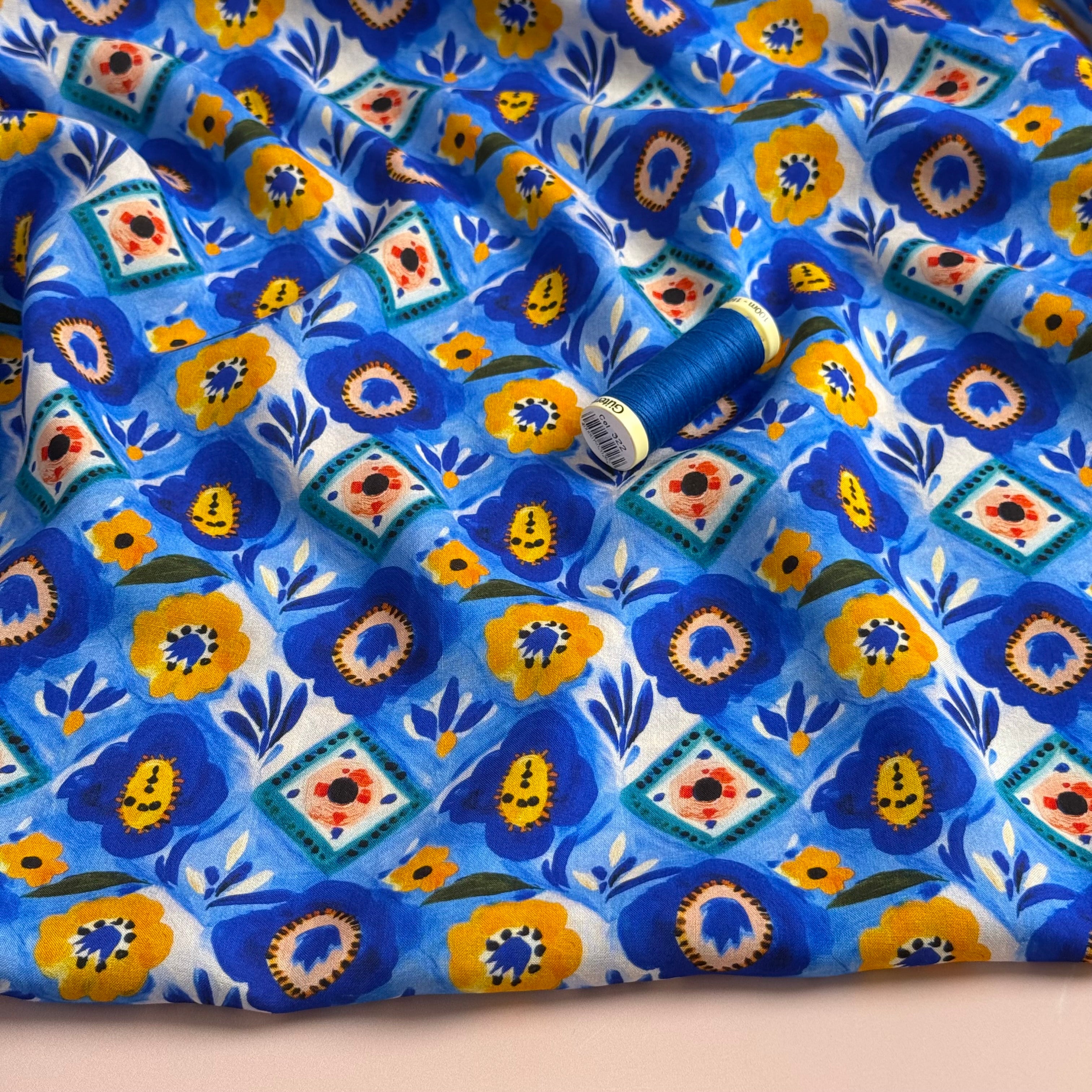 Ceramic Florals Cobalt Viscose Lawn Fabric