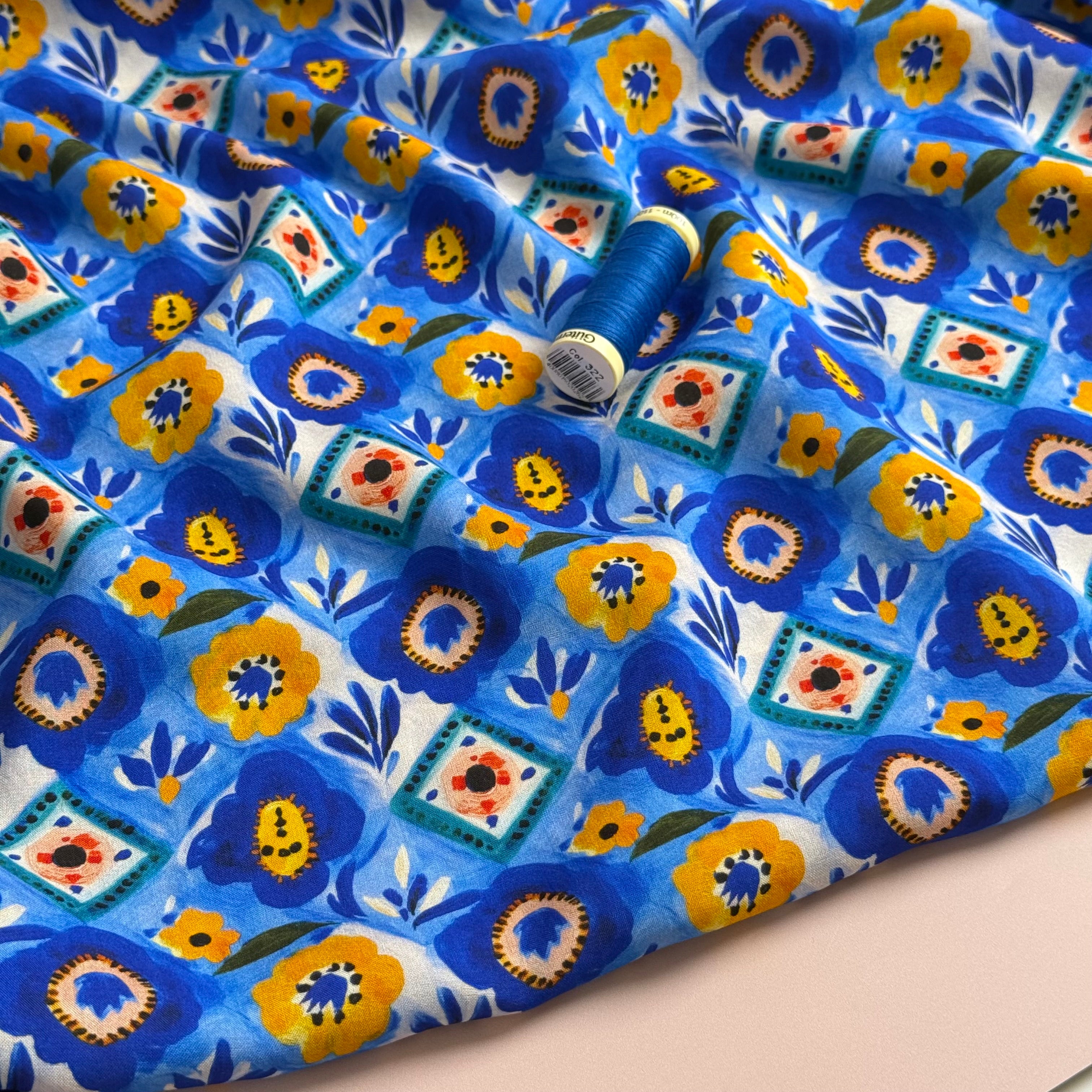 Ceramic Florals Cobalt Viscose Lawn Fabric